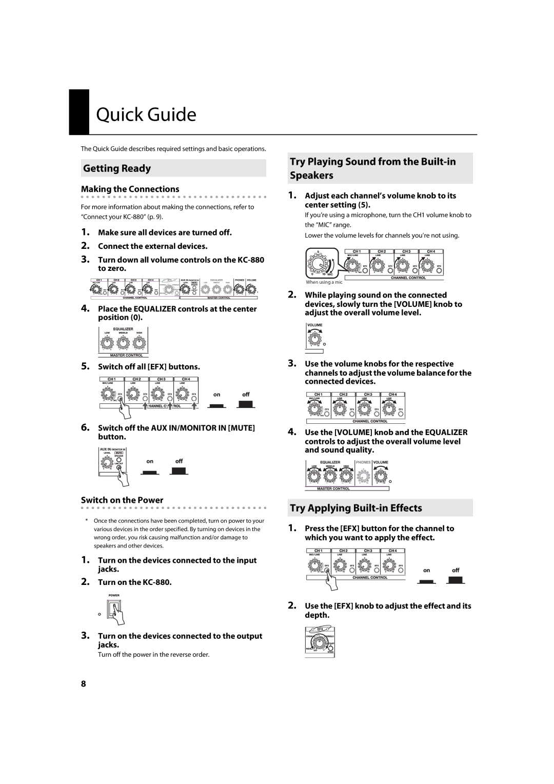 Roland KC-880 Quick Guide, Getting Ready, Try Playing Sound from the Built-in Speakers, Try Applying Built-in Effects 