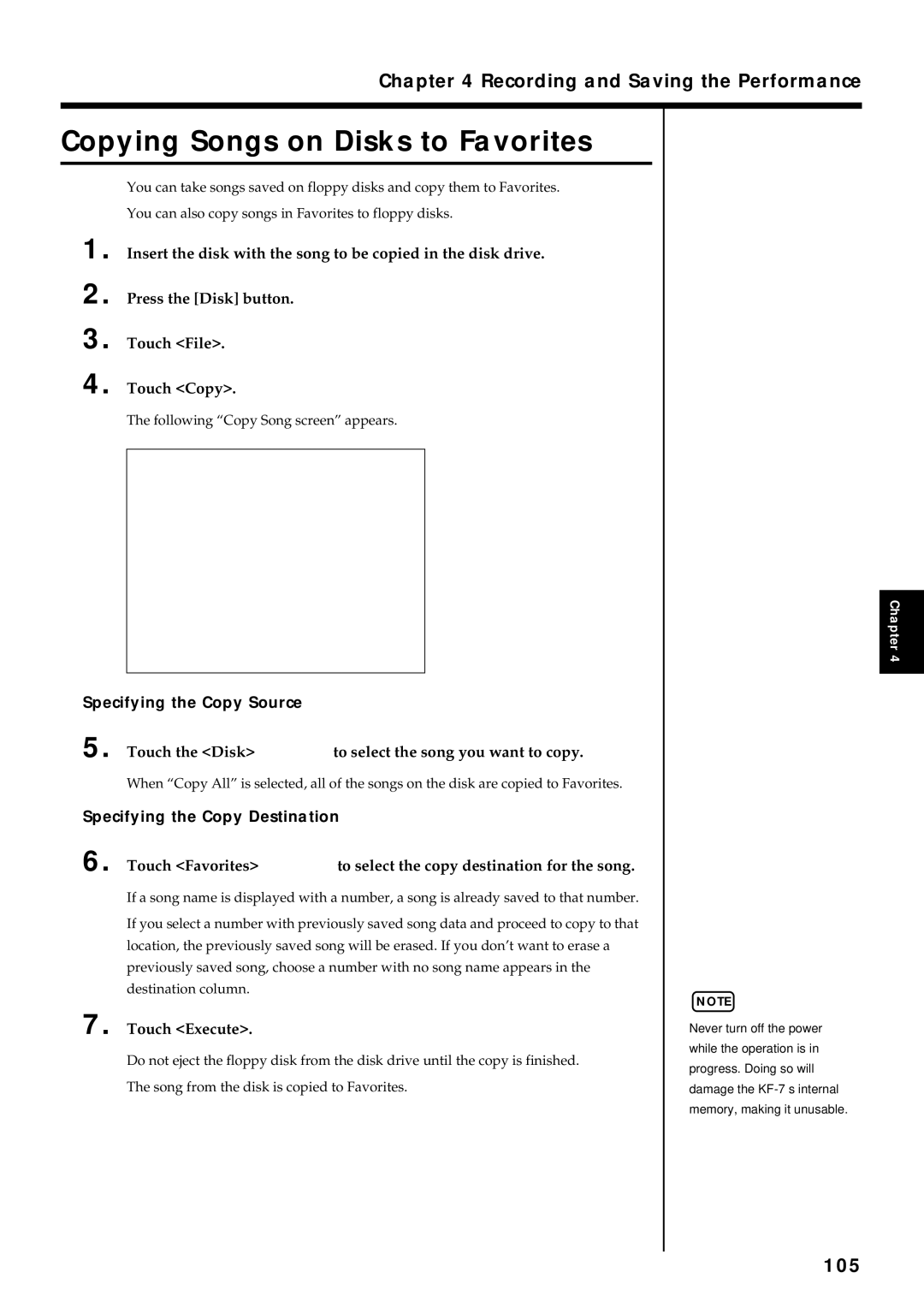 Roland KF-7 Copying Songs on Disks to Favorites, 105, Specifying the Copy Source, Specifying the Copy Destination 