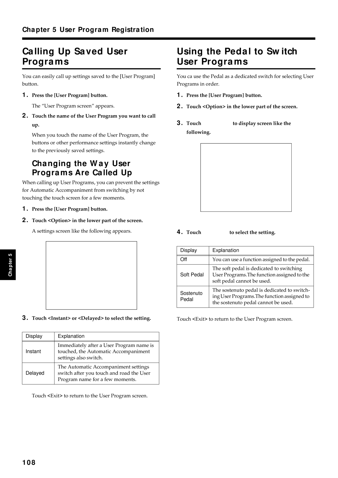 Roland KF-7 Calling Up Saved User Programs, Using the Pedal to Switch User Programs, User Program Registration, 108 