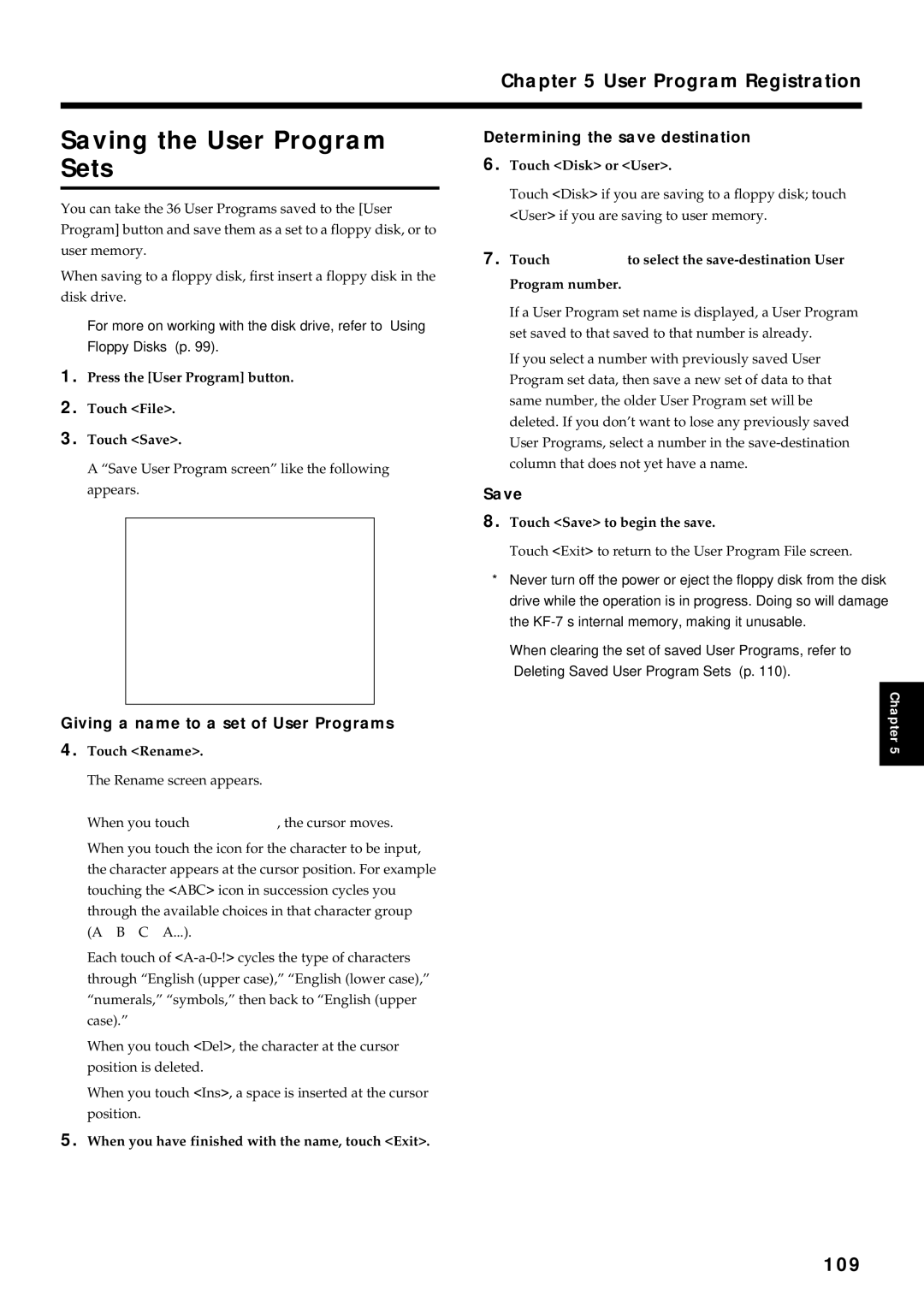 Roland KF-7 owner manual Saving the User Program Sets, 109, Giving a name to a set of User Programs 