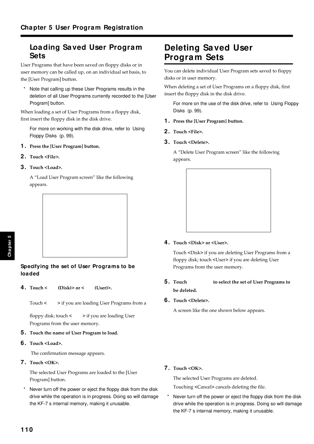 Roland KF-7 owner manual Deleting Saved User Program Sets, Loading Saved User Program Sets, 110 