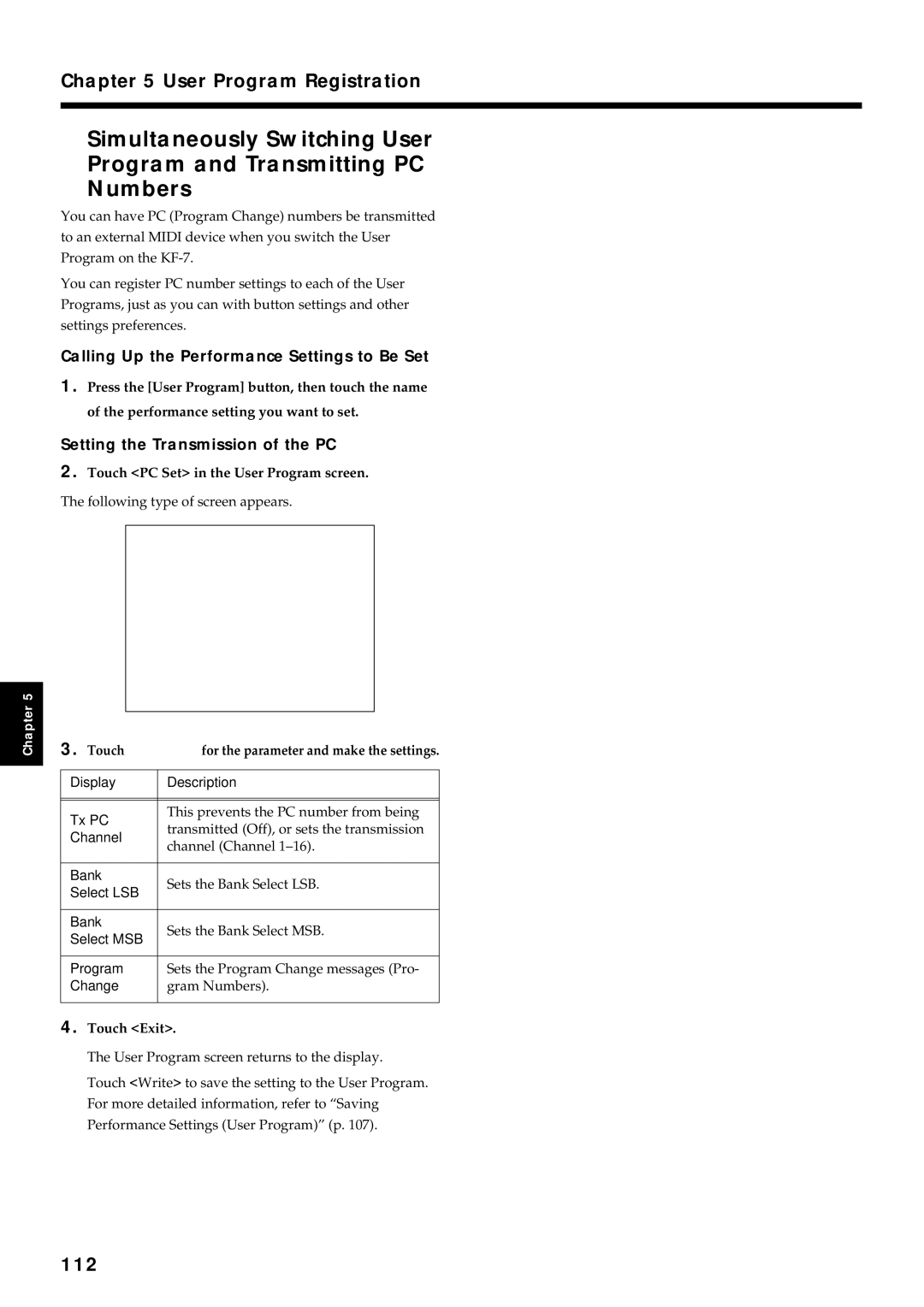 Roland KF-7 owner manual 112, Calling Up the Performance Settings to Be Set, Setting the Transmission of the PC 