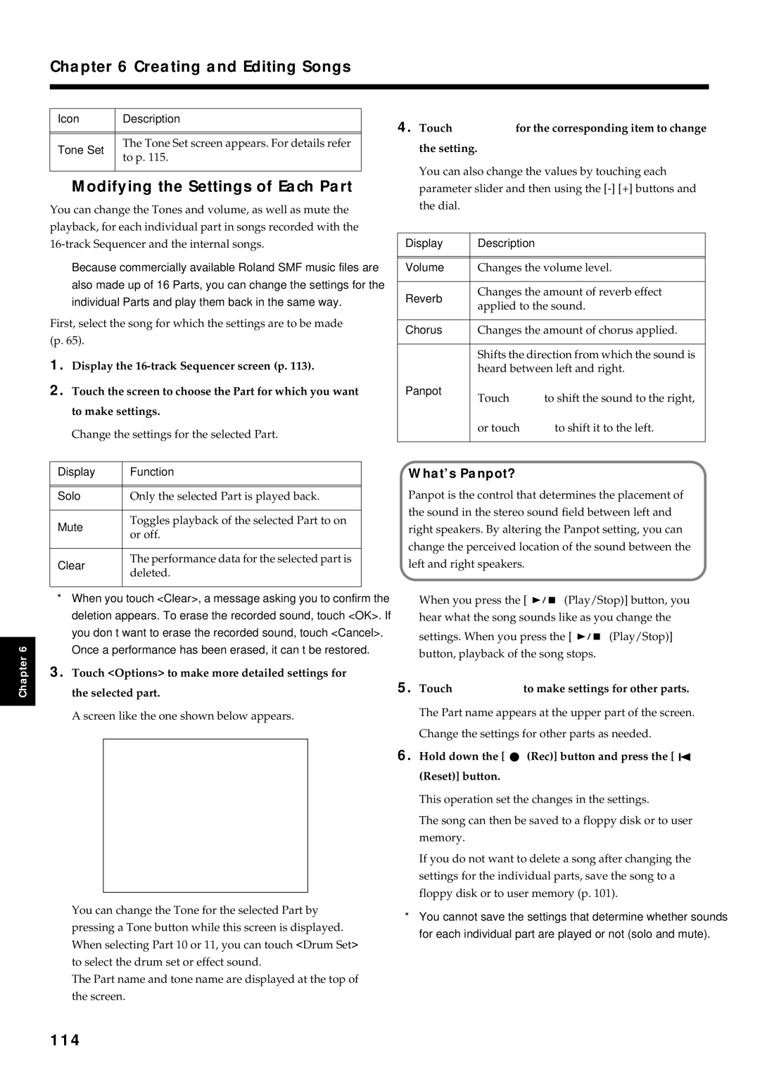 Roland KF-7 owner manual Creating and Editing Songs, Modifying the Settings of Each Part, 114, What’s Panpot? 