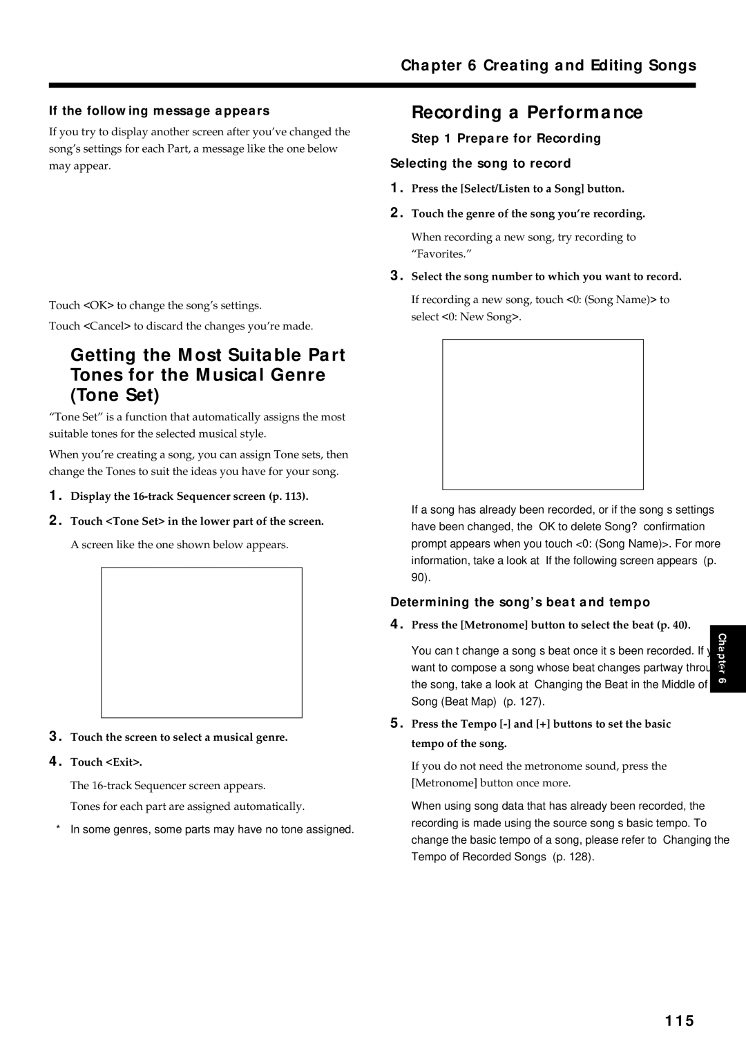 Roland KF-7 Recording a Performance, 115, If the following message appears, Determining the song’s beat and tempo 