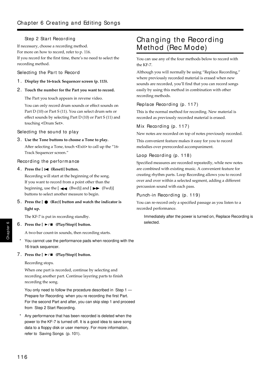 Roland KF-7 owner manual Changing the Recording Method Rec Mode, 116 