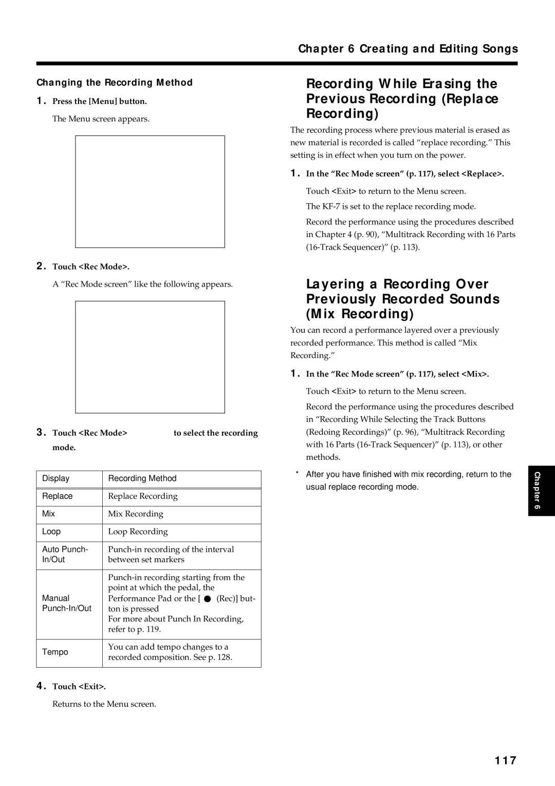 Roland KF-7 owner manual Recording While Erasing the Previous Recording Replace, 117, Changing the Recording Method 