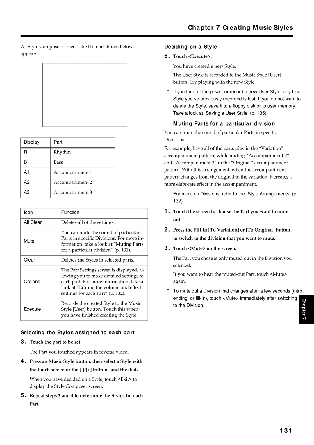 Roland KF-7 owner manual Creating Music Styles, 131, Deciding on a Style, Muting Parts for a particular division 