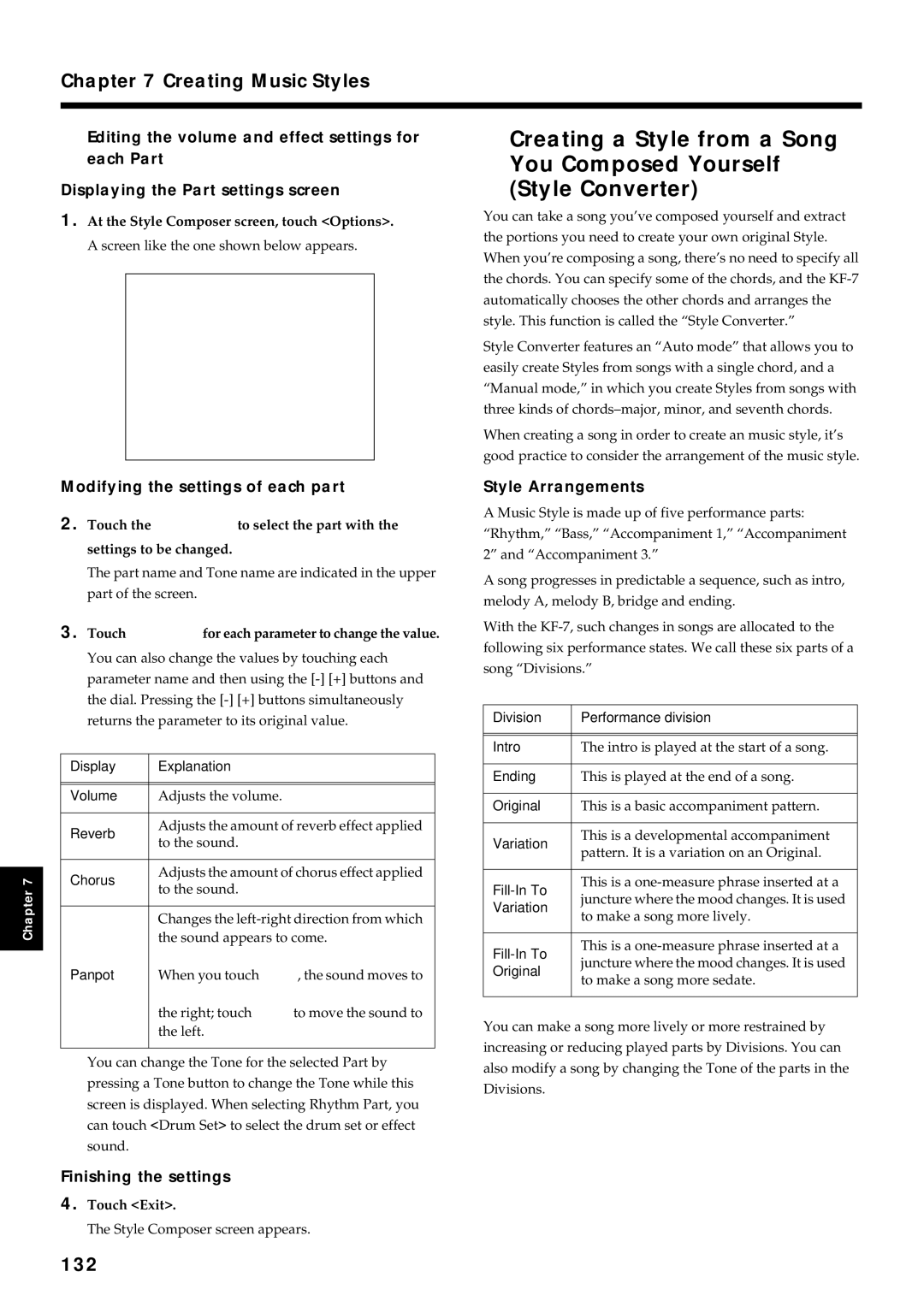 Roland KF-7 owner manual 132, Modifying the settings of each part, Finishing the settings, Style Arrangements 