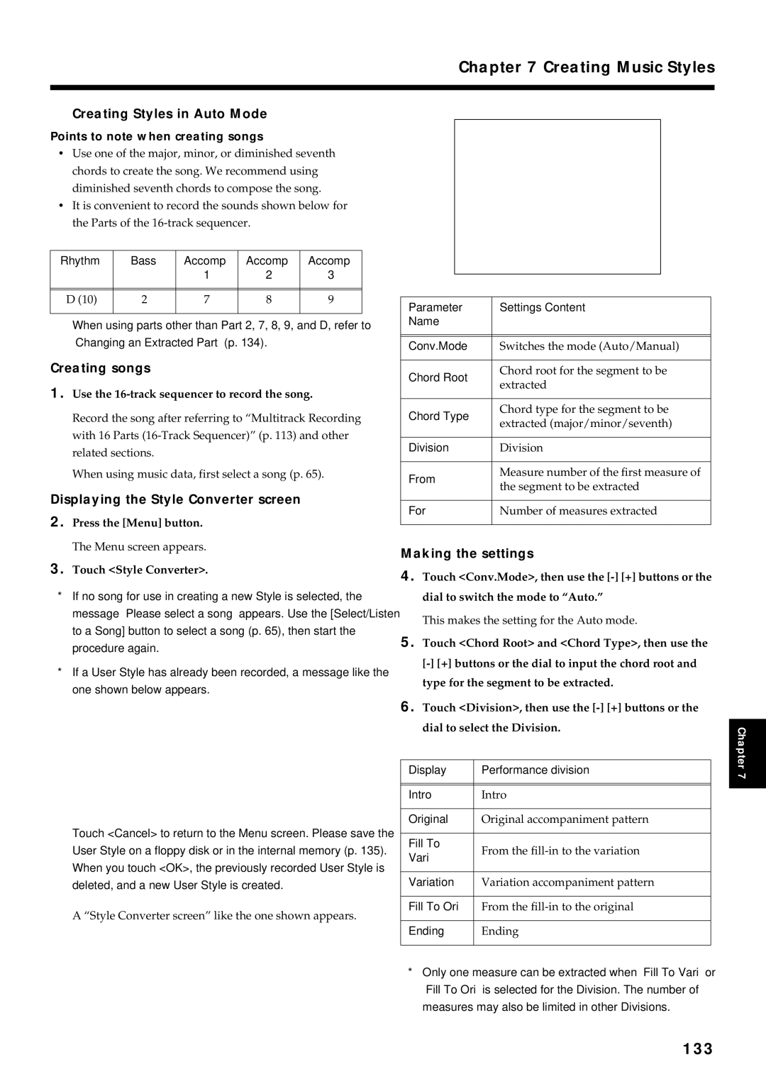 Roland KF-7 133, Creating Styles in Auto Mode, Creating songs, Displaying the Style Converter screen, Making the settings 