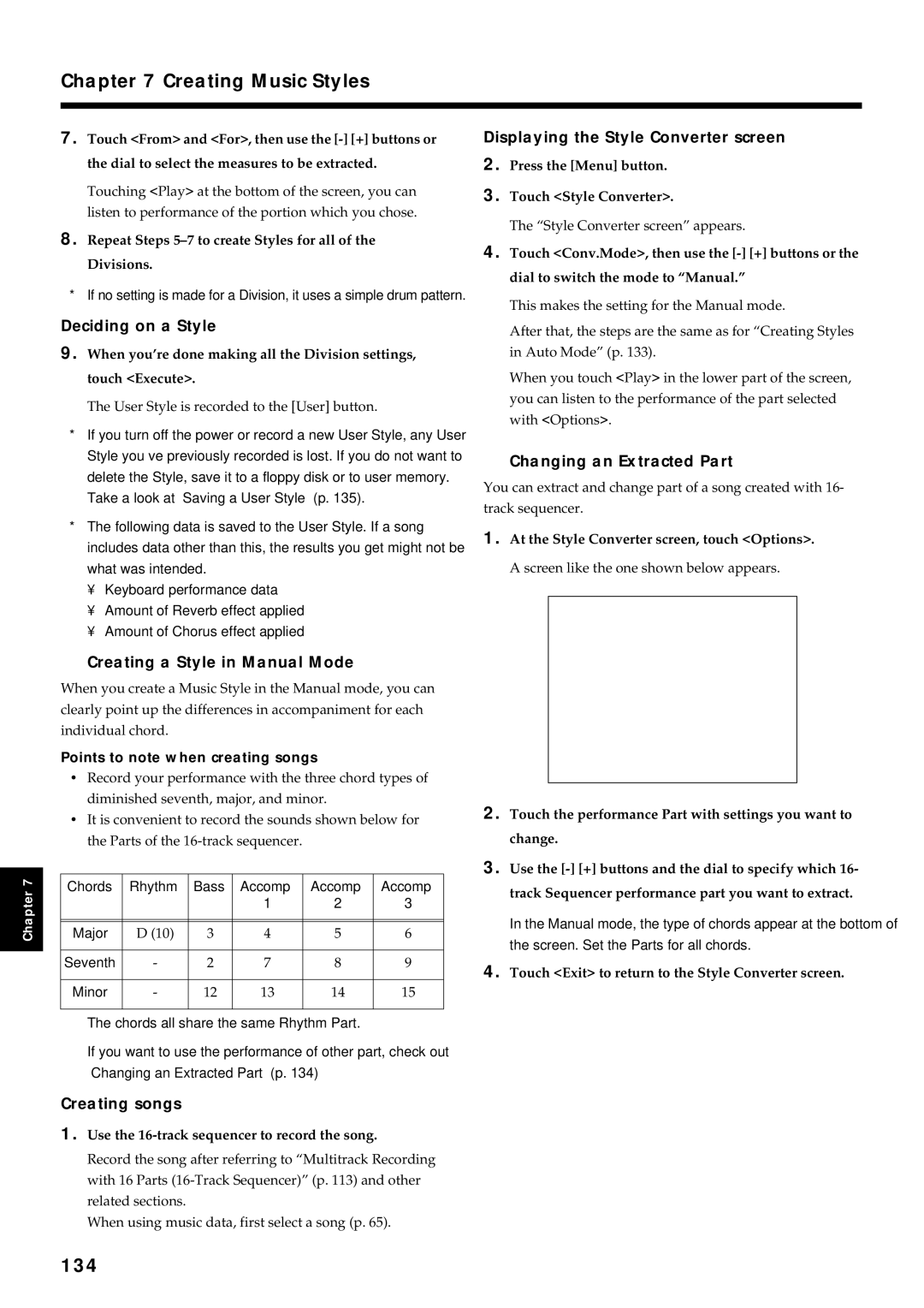 Roland KF-7 owner manual 134, Creating a Style in Manual Mode, Changing an Extracted Part 