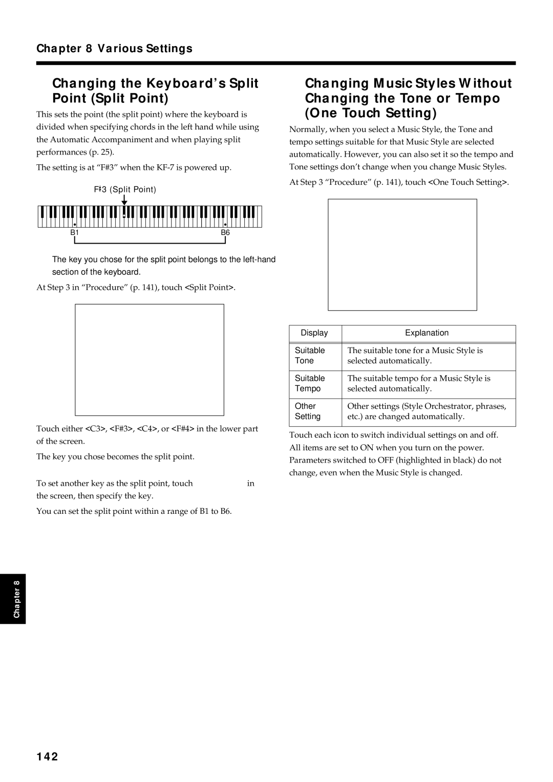 Roland KF-7 owner manual Changing the Keyboard’s Split Point Split Point, 142, Display Explanation Suitable, Other 