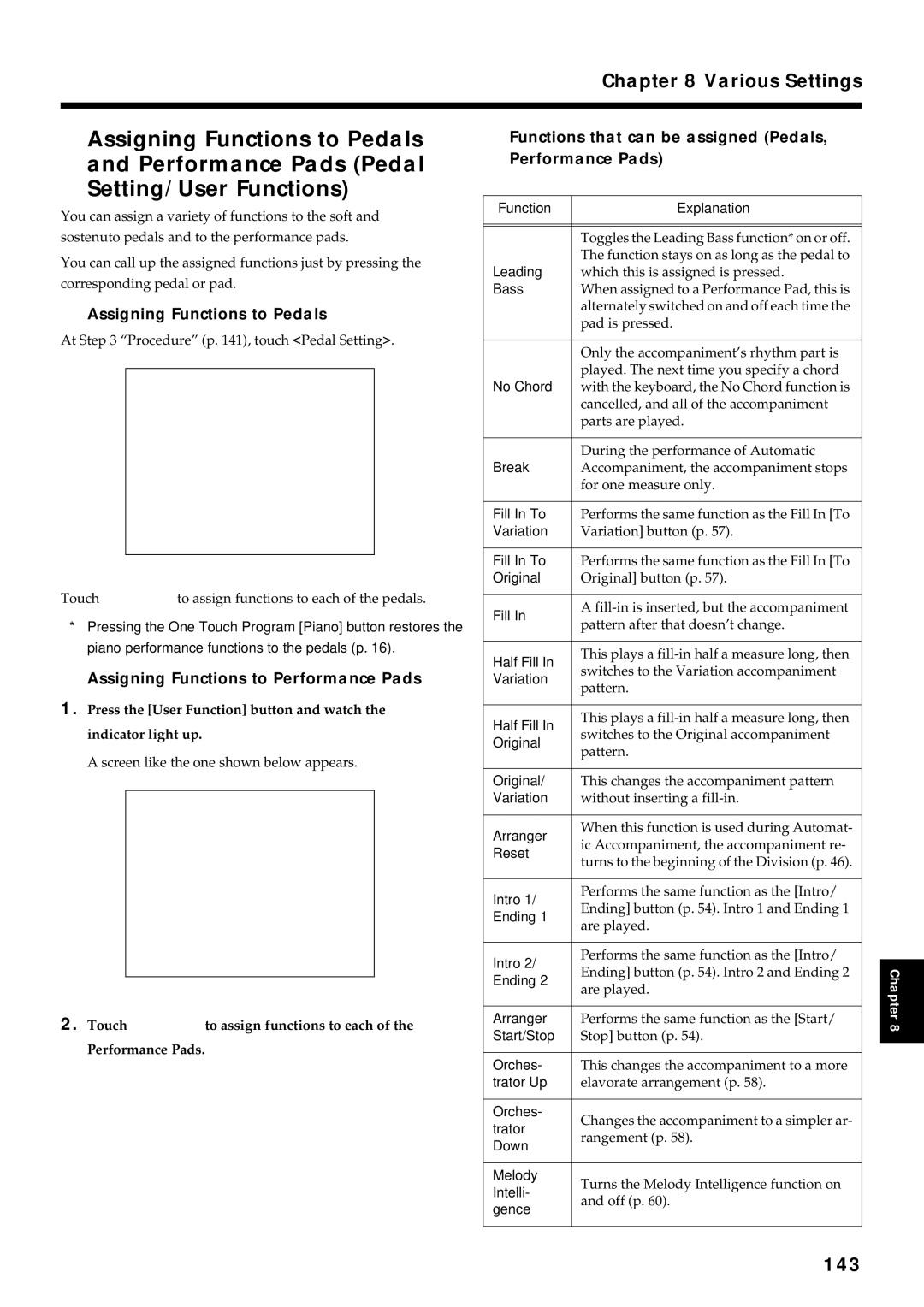 Roland KF-7 owner manual Assigning Functions to Pedals, Performance Pads Pedal, Setting/User Functions, 143 