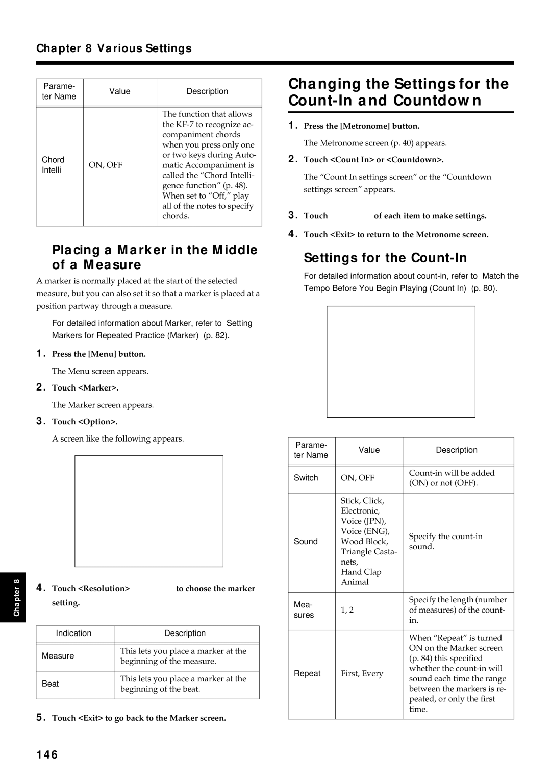 Roland KF-7 Changing the Settings for the Count-In and Countdown, Placing a Marker in the Middle A Measure, 146 