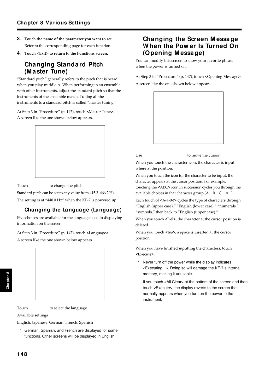 Roland KF-7 owner manual Changing Standard Pitch Master Tune, Changing the Language Language, 148 