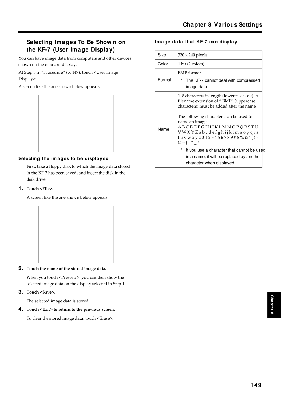 Roland owner manual 149, Selecting the images to be displayed, Image data that KF-7 can display 