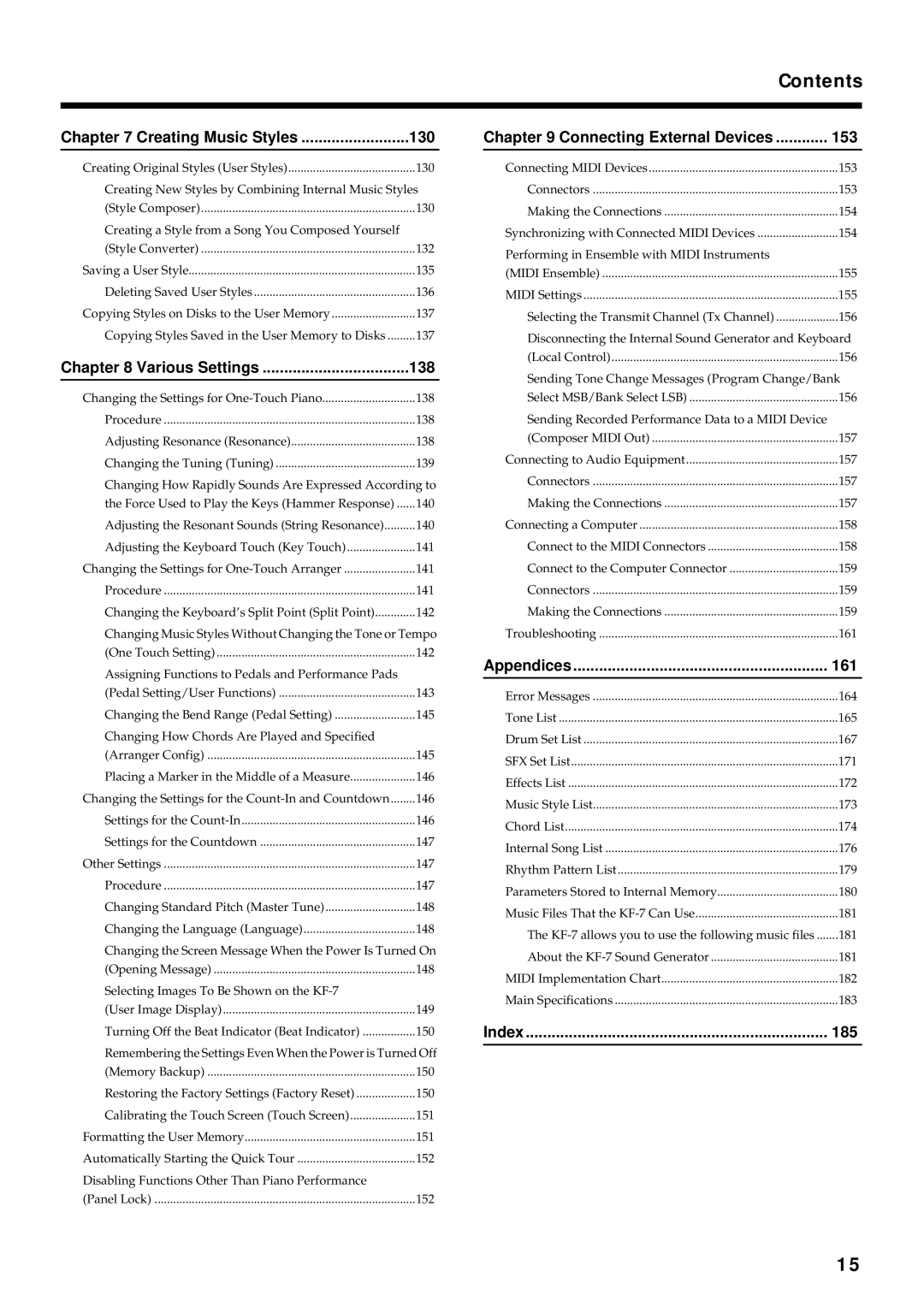 Roland KF-7 owner manual Creating Music Styles, Various Settings, Connecting External Devices, Appendices, Index 