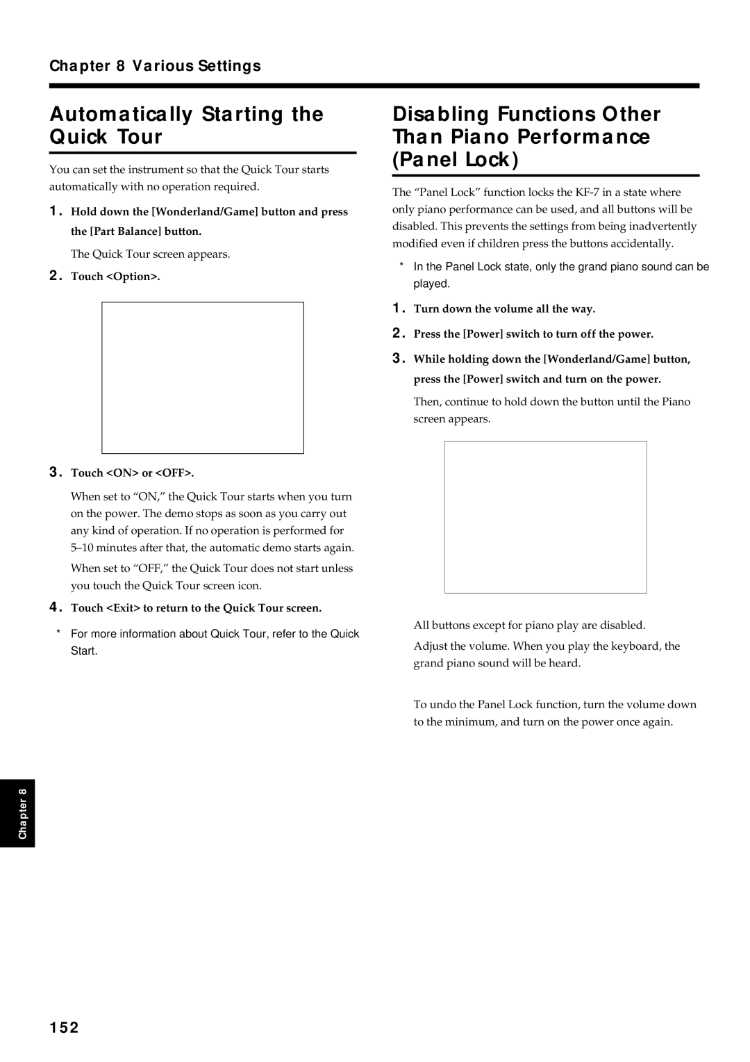 Roland KF-7 Automatically Starting the Quick Tour, Disabling Functions Other Than Piano Performance Panel Lock, 152 