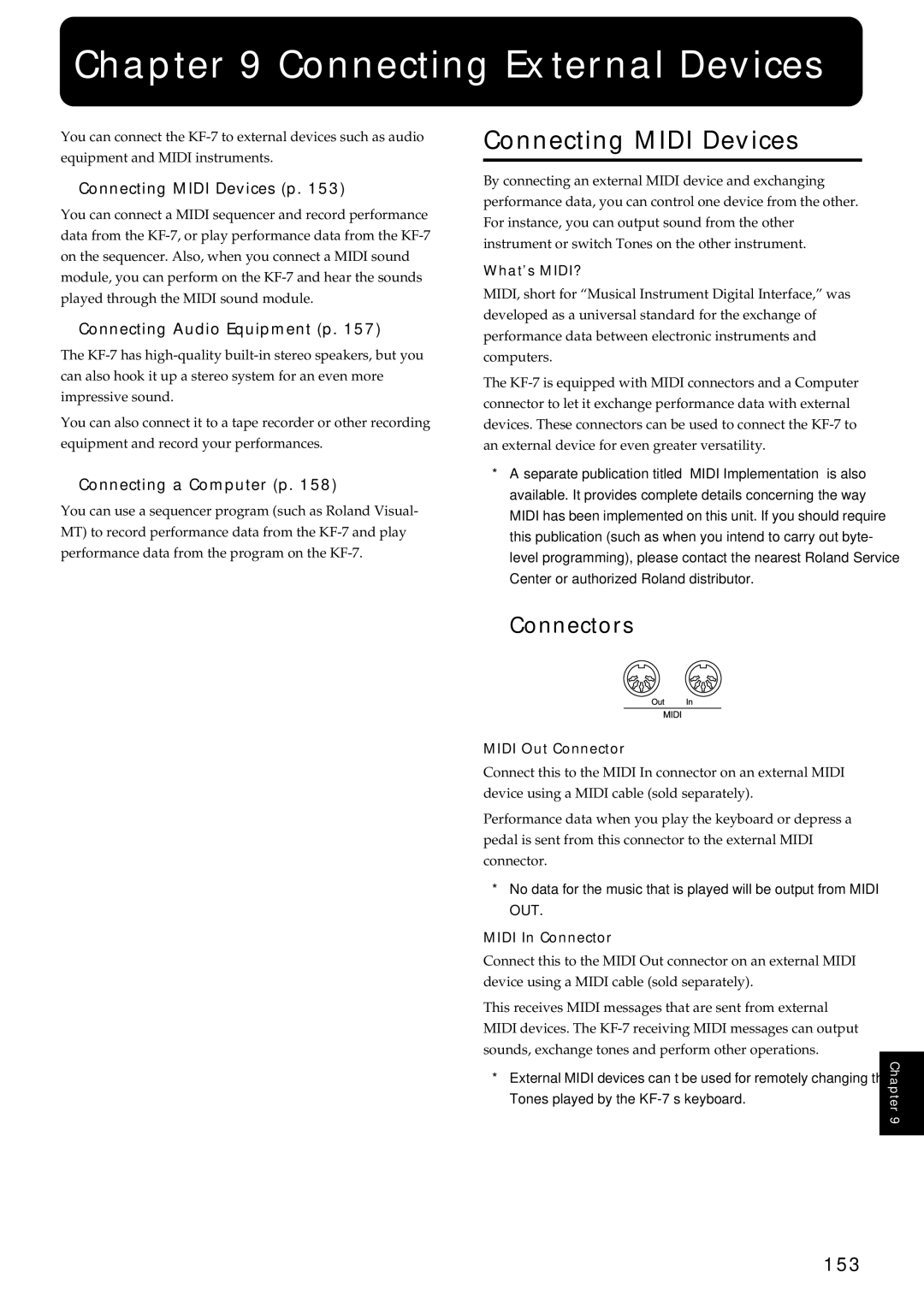 Roland KF-7 owner manual Connecting Midi Devices, Connectors, 153 