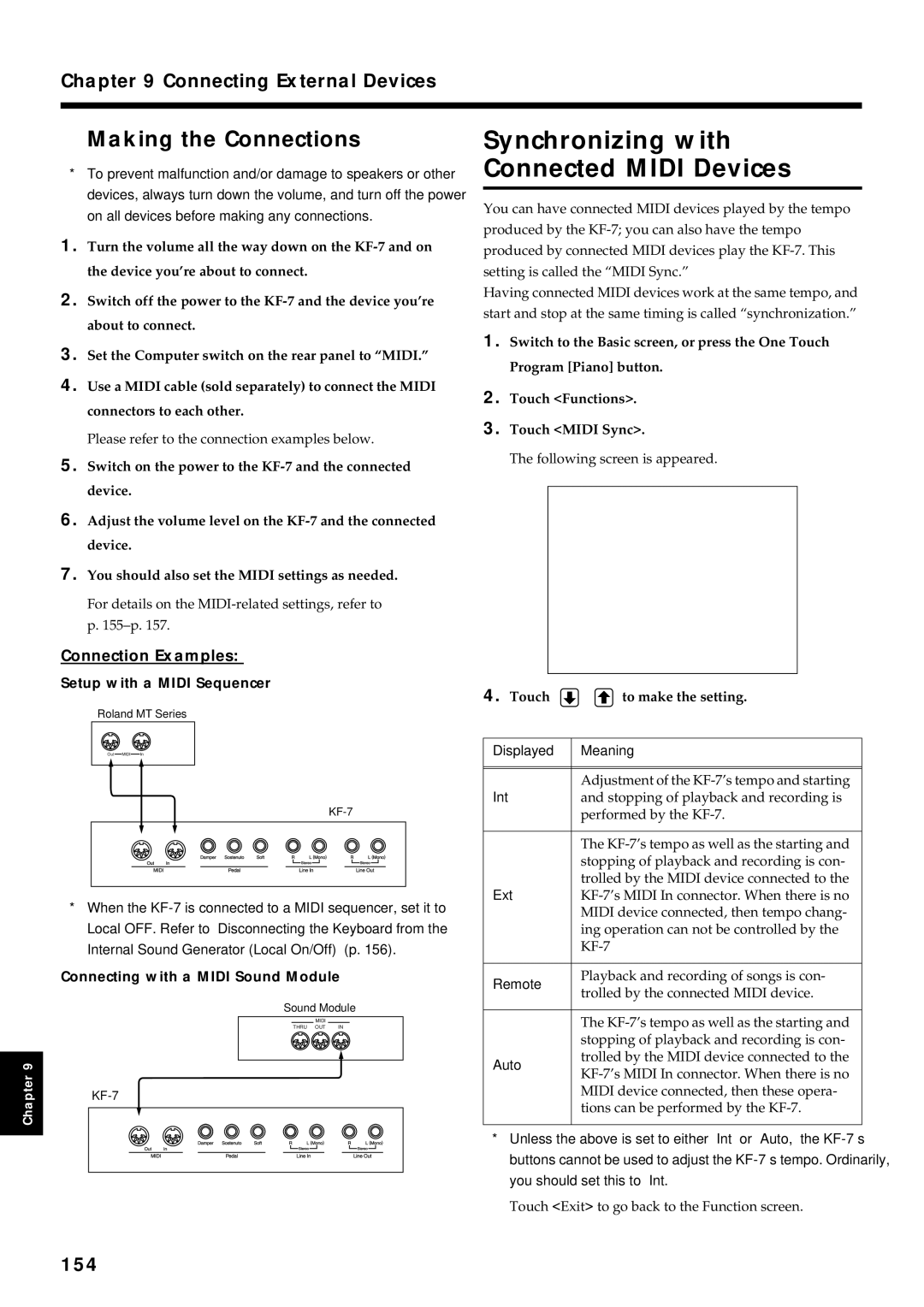 Roland KF-7 Synchronizing with Connected Midi Devices, Making the Connections, Connecting External Devices, 154 