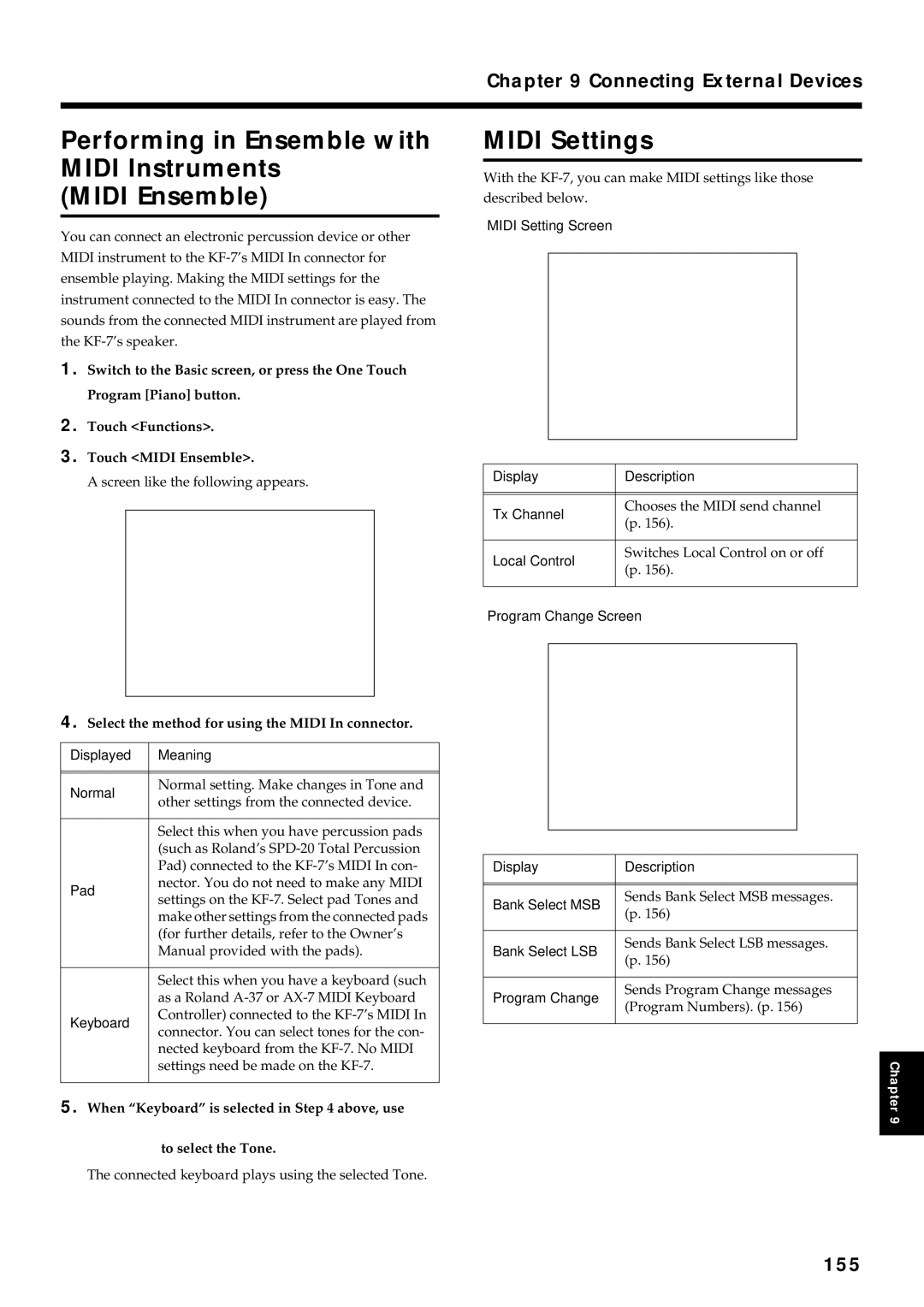 Roland KF-7 owner manual Performing in Ensemble with Midi Instruments Midi Ensemble, Midi Settings, 155 