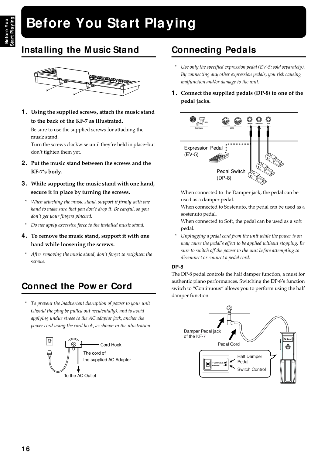 Roland KF-7 owner manual Before You Start Playing, Installing the Music Stand, Connect the Power Cord, Connecting Pedals 