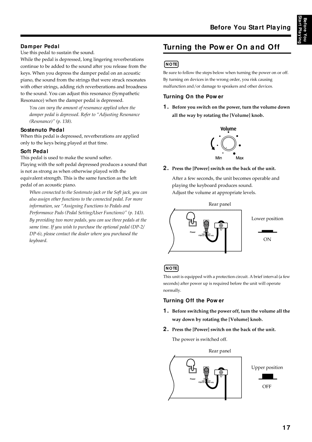 Roland KF-7 owner manual Turning the Power On and Off, Before You Start Playing 