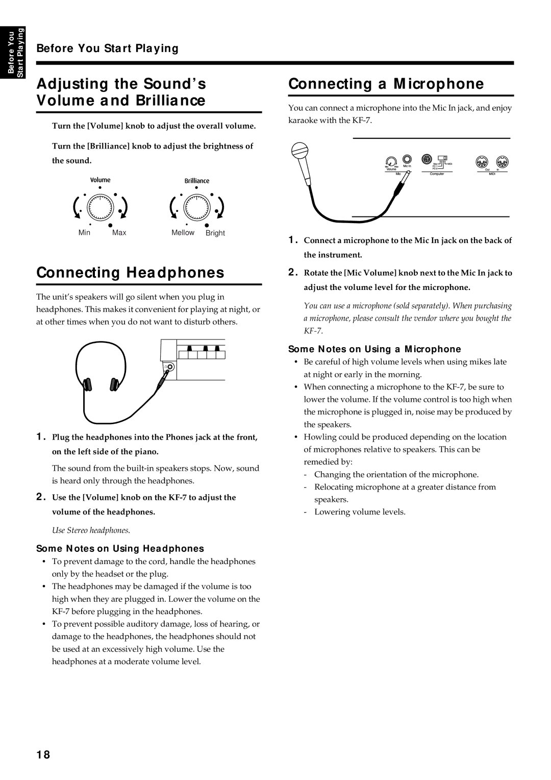 Roland KF-7 owner manual Adjusting the Sound’s Volume and Brilliance, Connecting a Microphone, Connecting Headphones 