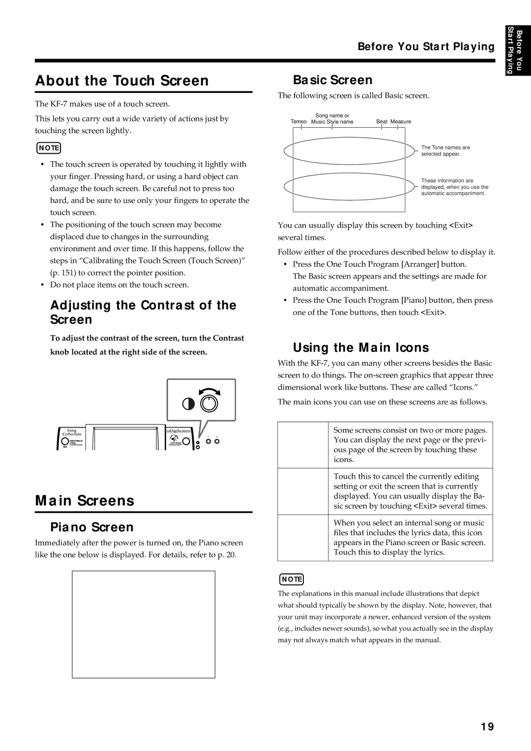 Roland KF-7 owner manual About the Touch Screen, Main Screens 