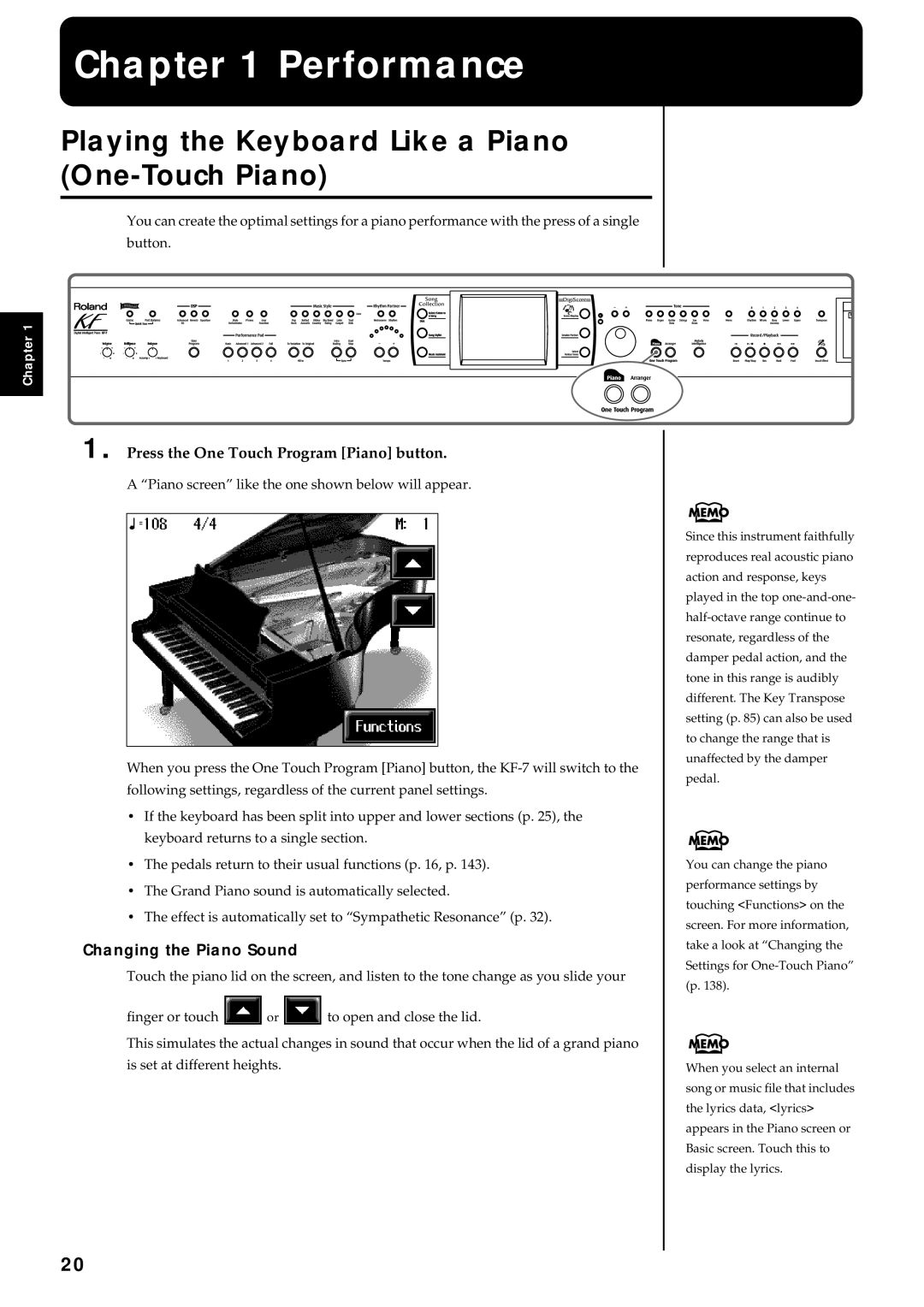 Roland KF-7 Performance, Playing the Keyboard Like a Piano One-Touch Piano, Press the One Touch Program Piano button 