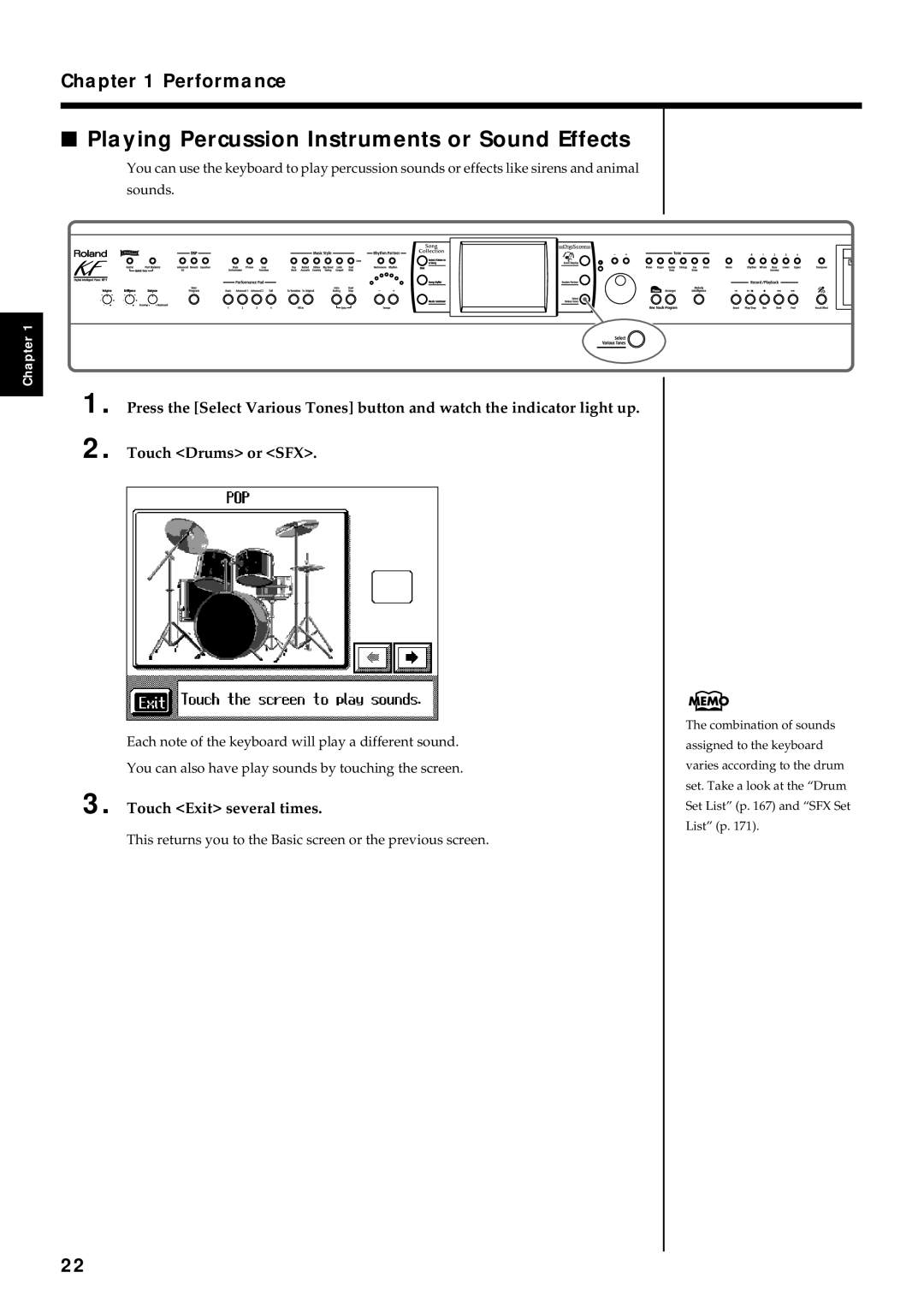 Roland KF-7 owner manual Playing Percussion Instruments or Sound Effects, Touch Exit several times 