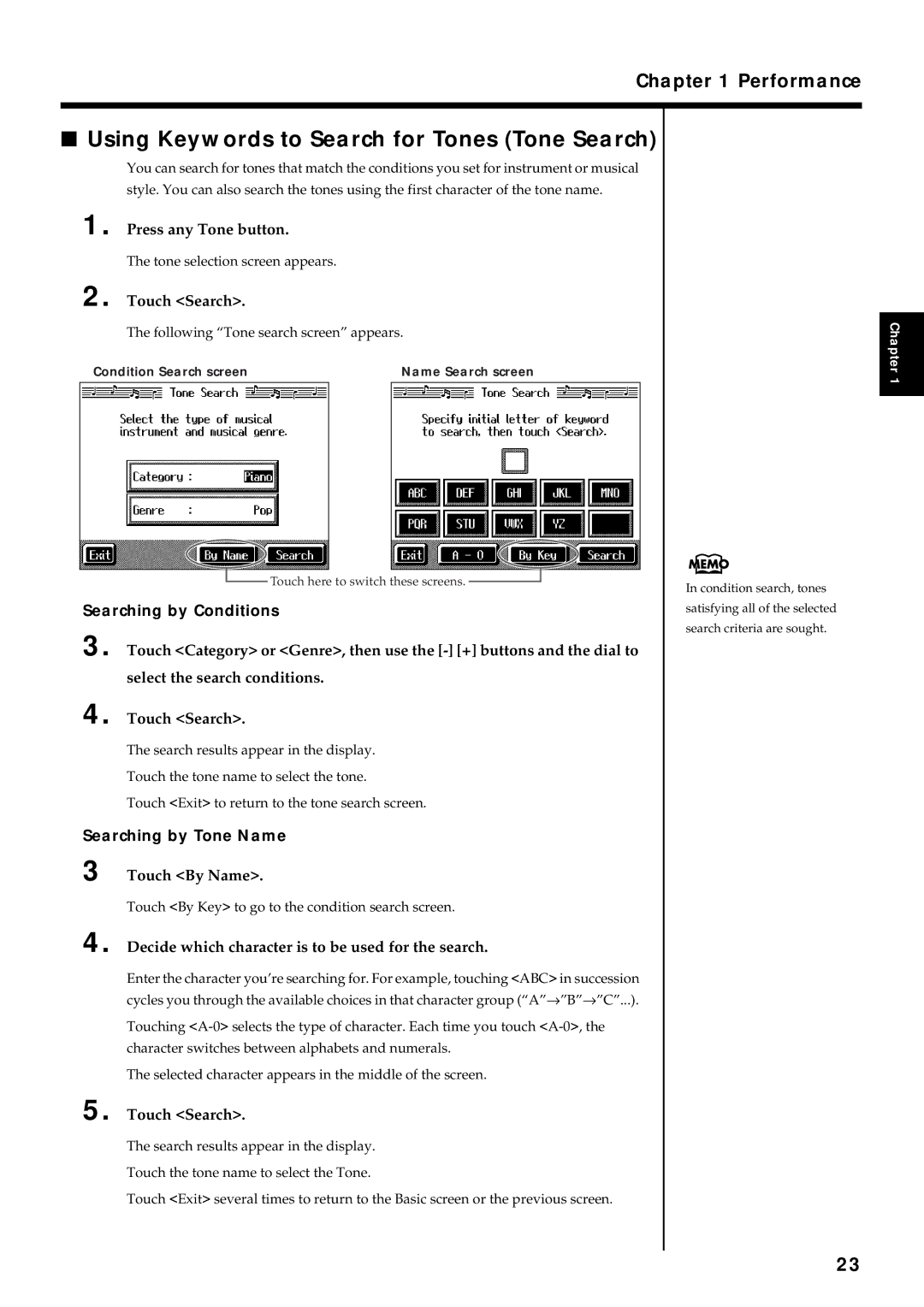 Roland KF-7 owner manual Using Keywords to Search for Tones Tone Search, Searching by Conditions, Searching by Tone Name 