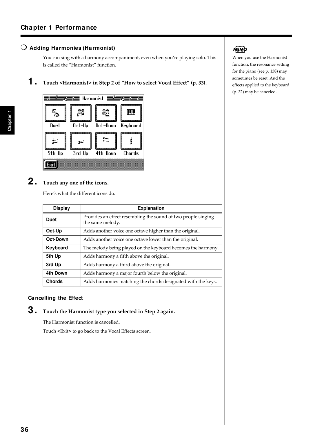 Roland KF-7 owner manual Adding Harmonies Harmonist, Touch Harmonist in of How to select Vocal Effect p 