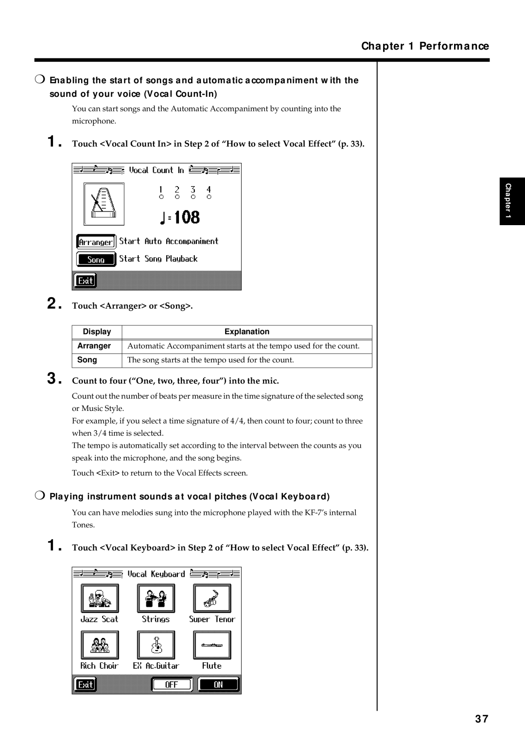 Roland KF-7 owner manual Touch Vocal Count In in of How to select Vocal Effect p, Touch Arranger or Song 