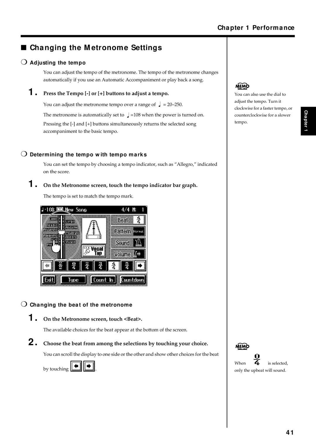 Roland KF-7 owner manual Changing the Metronome Settings, Adjusting the tempo, Determining the tempo with tempo marks 