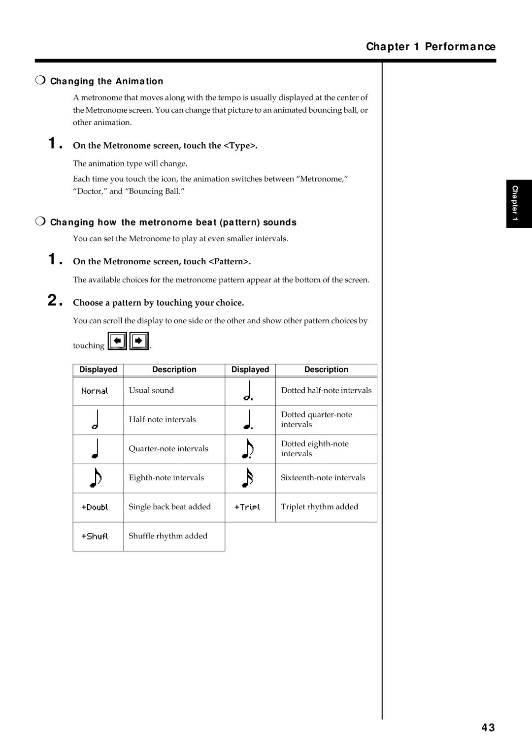 Roland KF-7 Changing the Animation, On the Metronome screen, touch the Type, On the Metronome screen, touch Pattern 