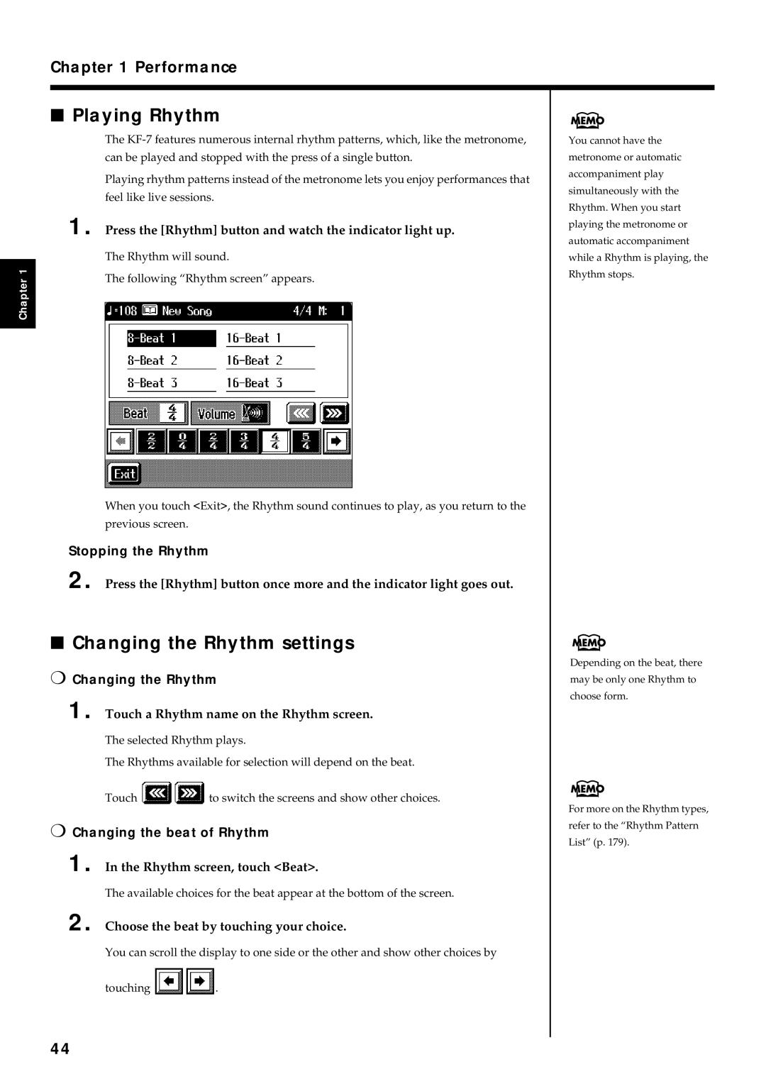 Roland KF-7 owner manual Playing Rhythm, Changing the Rhythm settings, Stopping the Rhythm, Changing the beat of Rhythm 