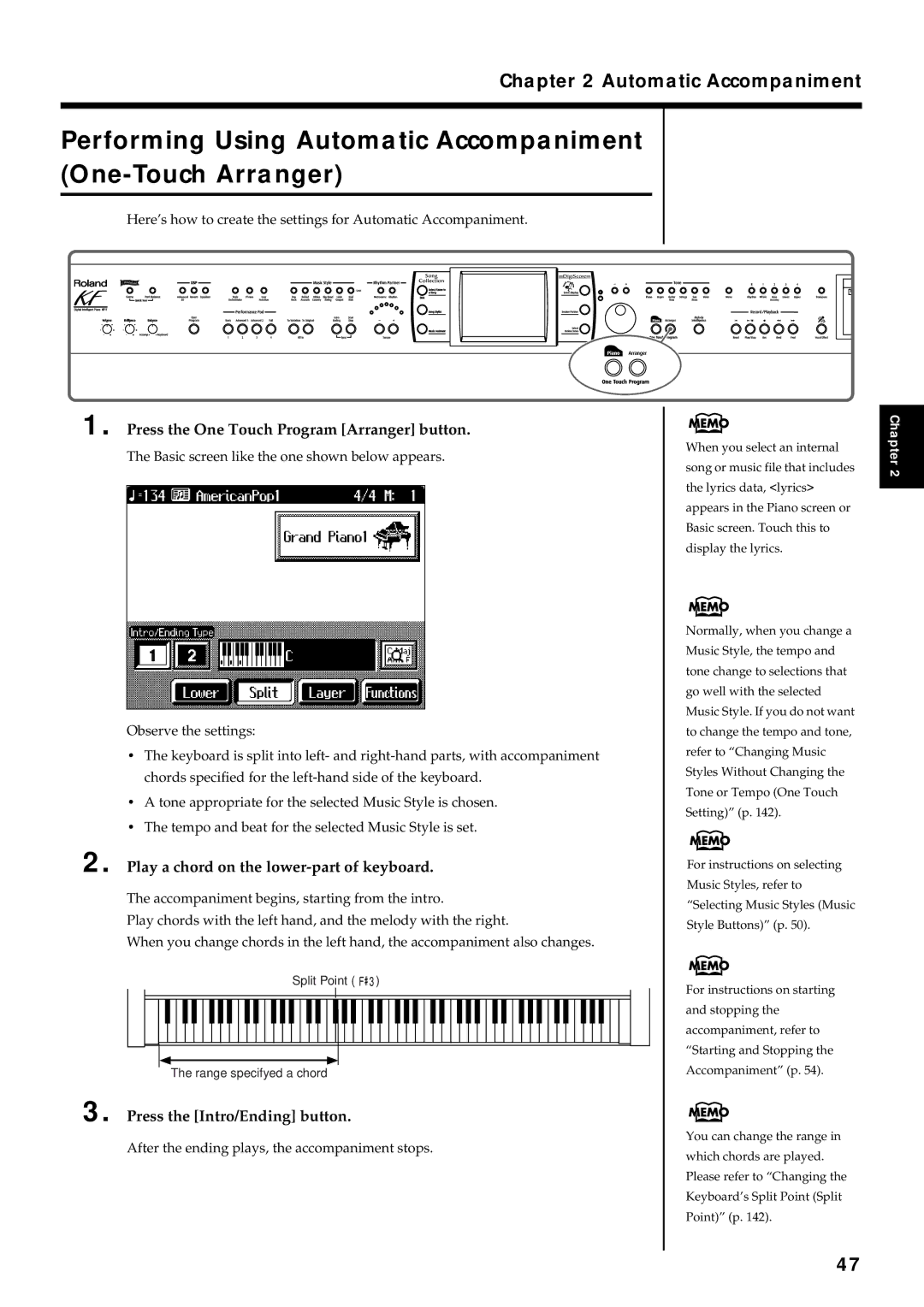 Roland KF-7 Performing Using Automatic Accompaniment One-Touch Arranger, Press the One Touch Program Arranger button 