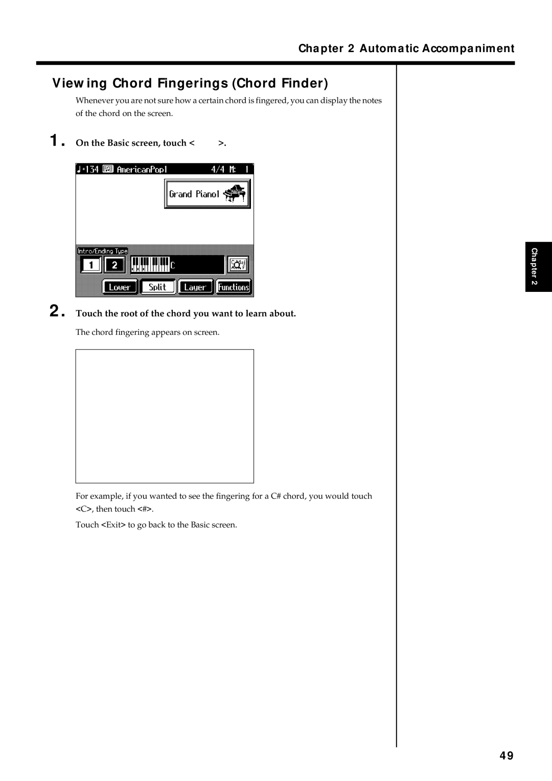 Roland KF-7 owner manual Viewing Chord Fingerings Chord Finder, On the Basic screen, touch 