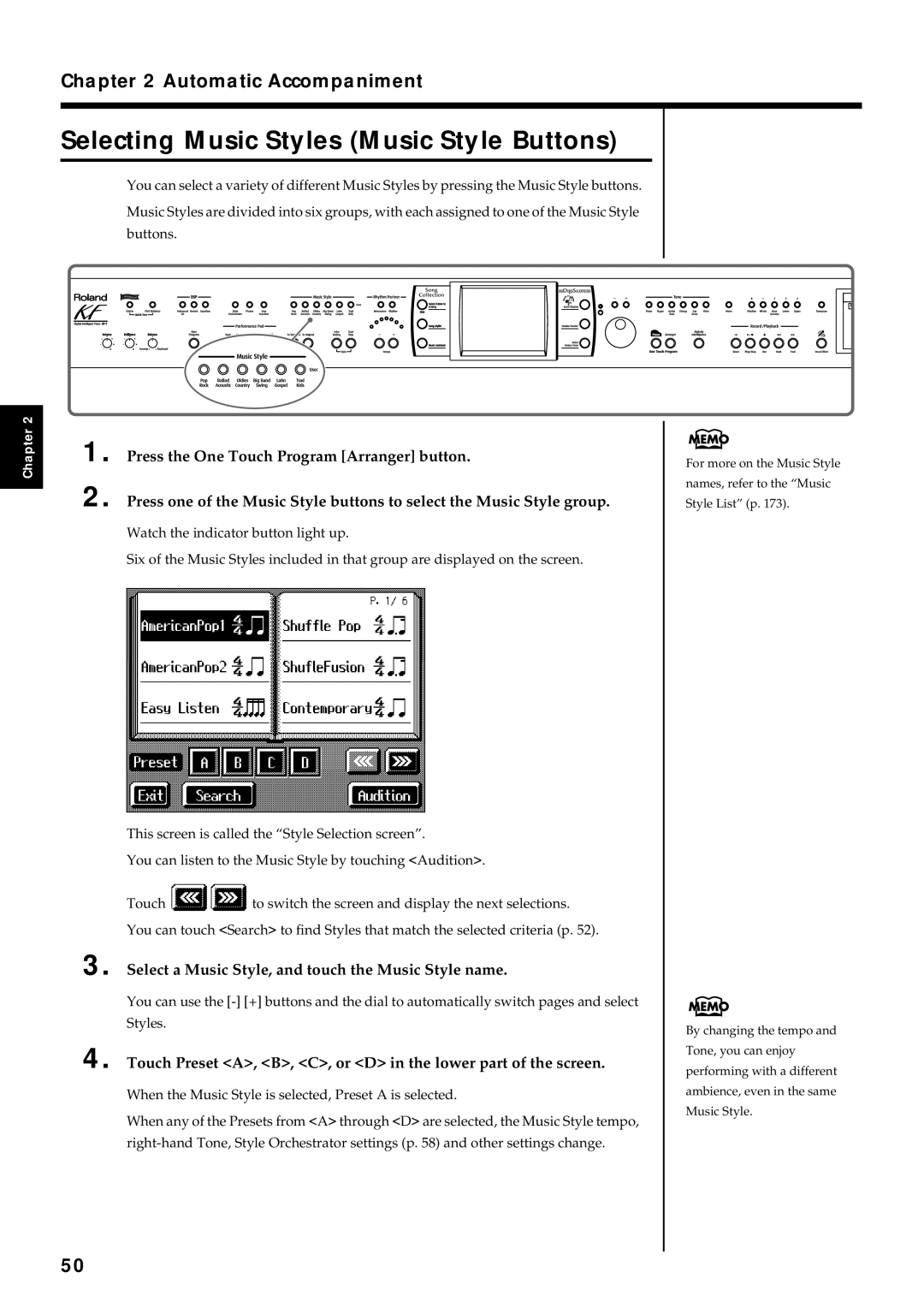 Roland KF-7 owner manual Selecting Music Styles Music Style Buttons, Select a Music Style, and touch the Music Style name 