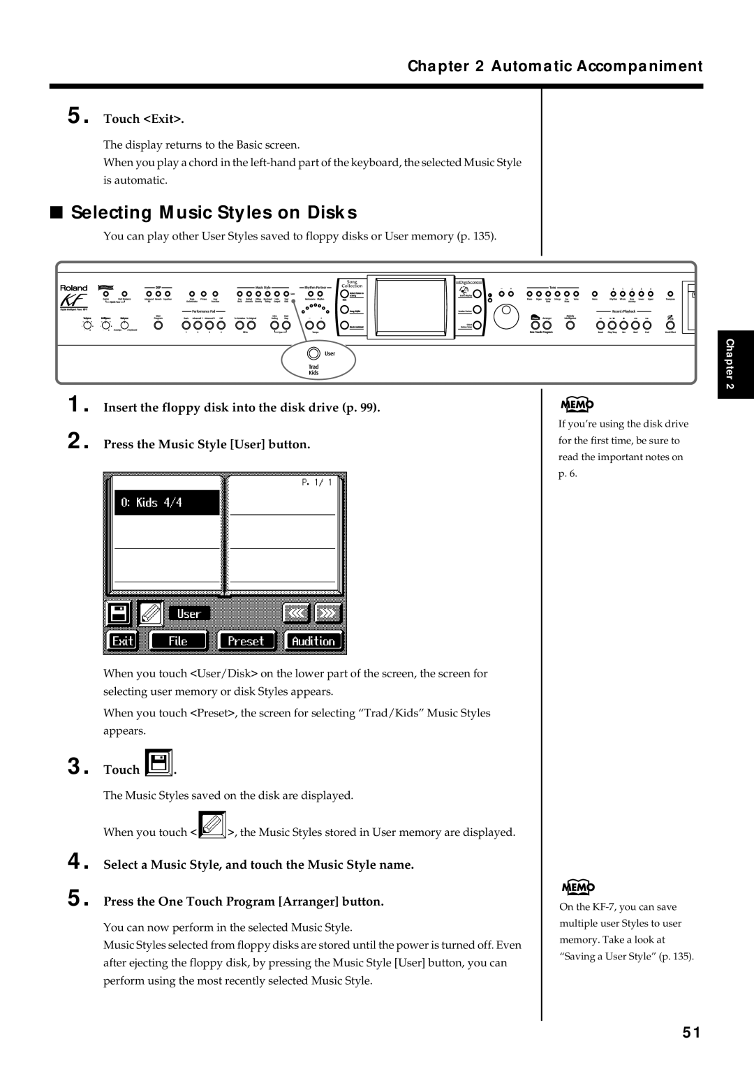 Roland KF-7 owner manual Selecting Music Styles on Disks, Touch 