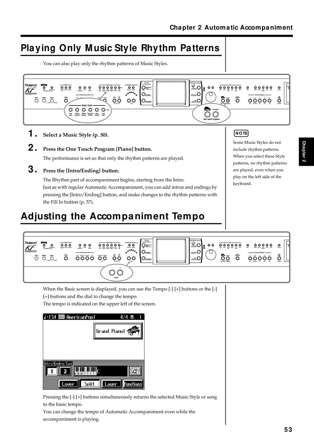 Roland KF-7 owner manual Playing Only Music Style Rhythm Patterns, Adjusting the Accompaniment Tempo 