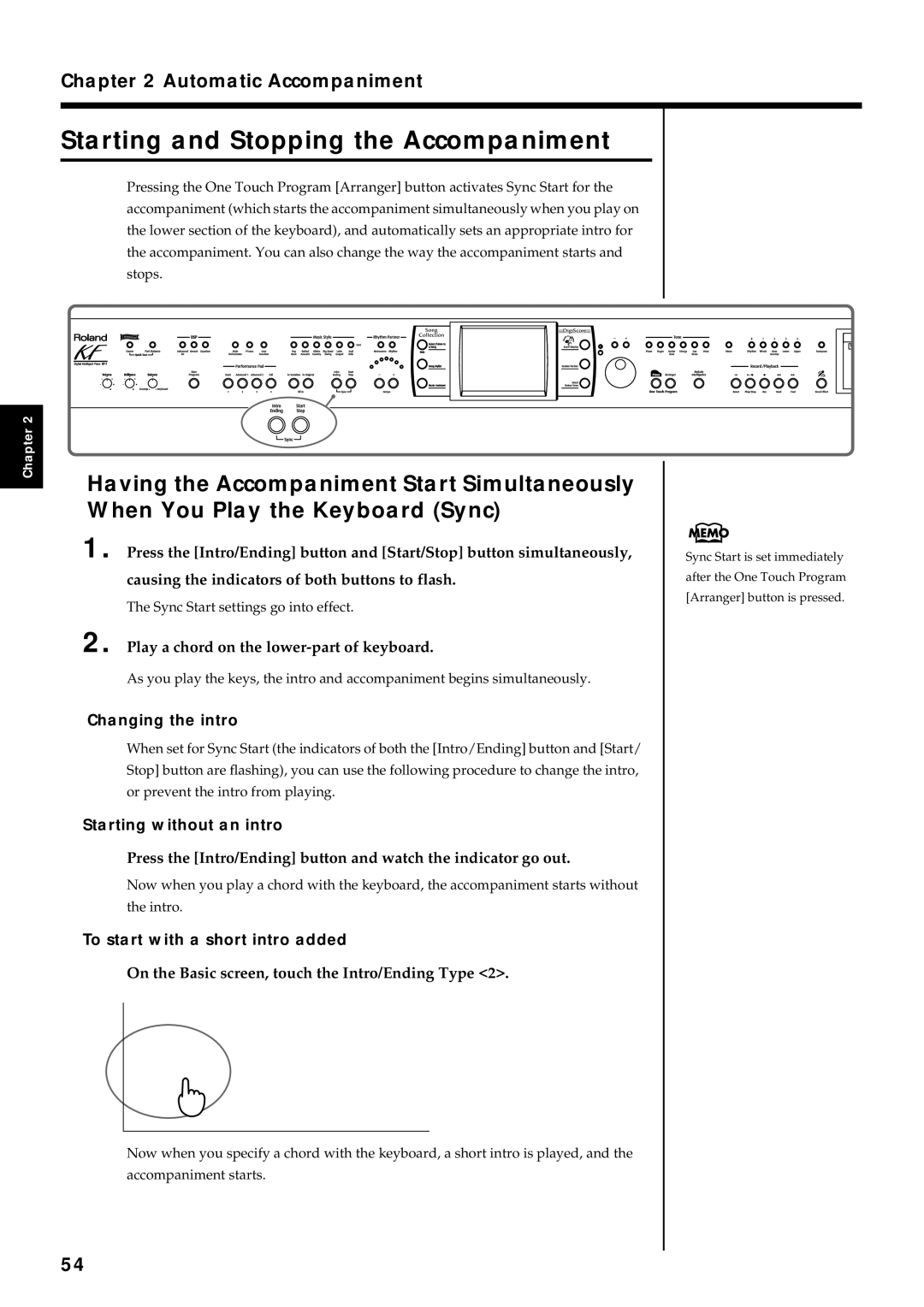 Roland KF-7 owner manual Starting and Stopping the Accompaniment, Changing the intro, Starting without an intro 