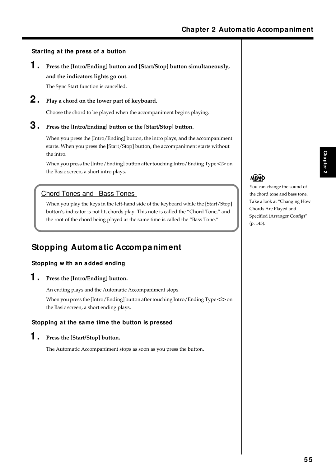 Roland KF-7 owner manual Stopping Automatic Accompaniment, Starting at the press of a button, Stopping with an added ending 