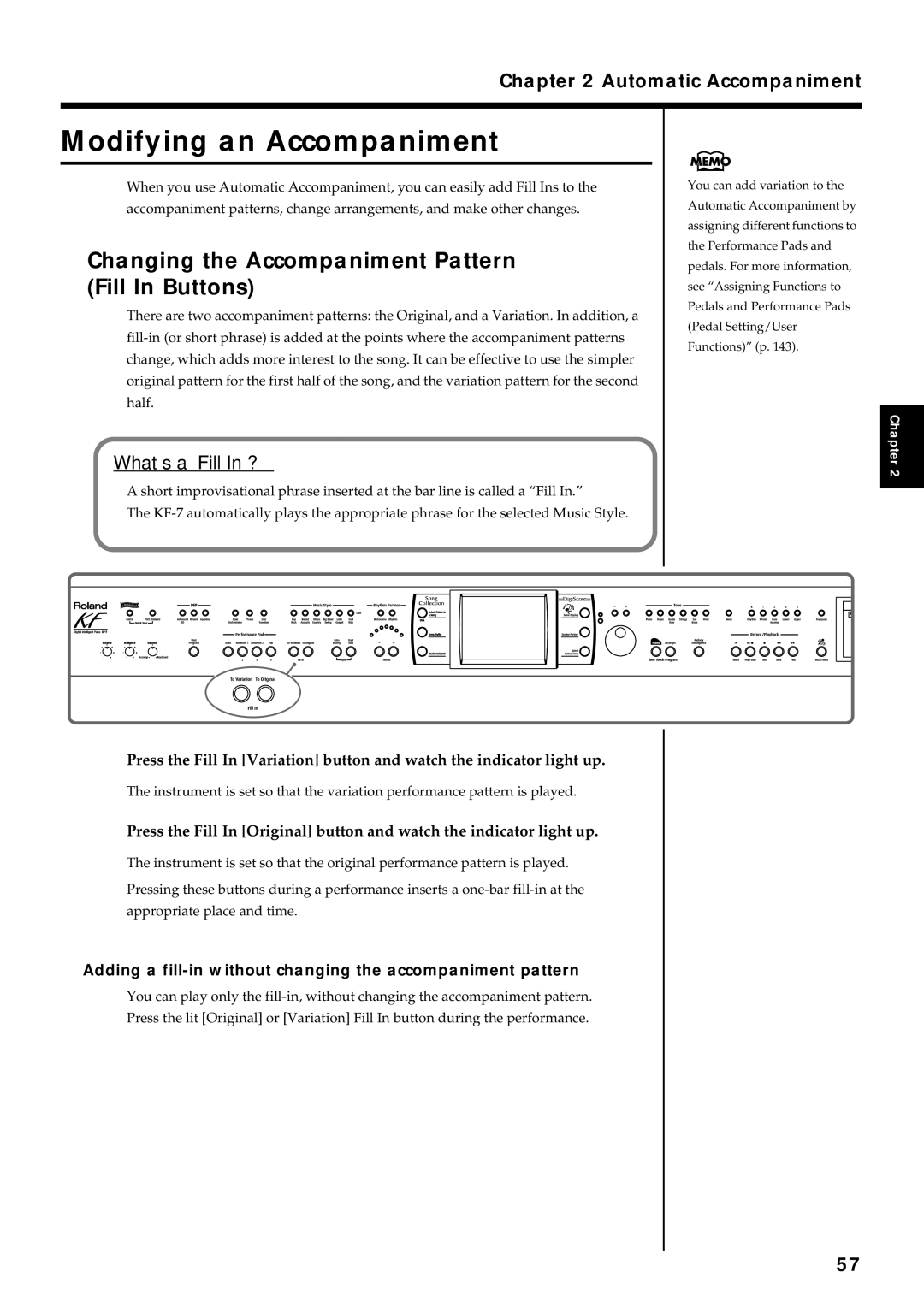 Roland KF-7 owner manual Modifying an Accompaniment, Changing the Accompaniment Pattern Fill In Buttons 