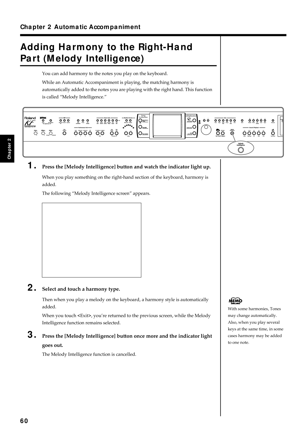 Roland KF-7 owner manual Adding Harmony to the Right-Hand Part Melody Intelligence, Select and touch a harmony type 