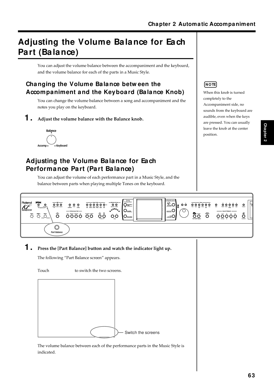 Roland KF-7 Adjusting the Volume Balance for Each Part Balance, Adjust the volume balance with the Balance knob 