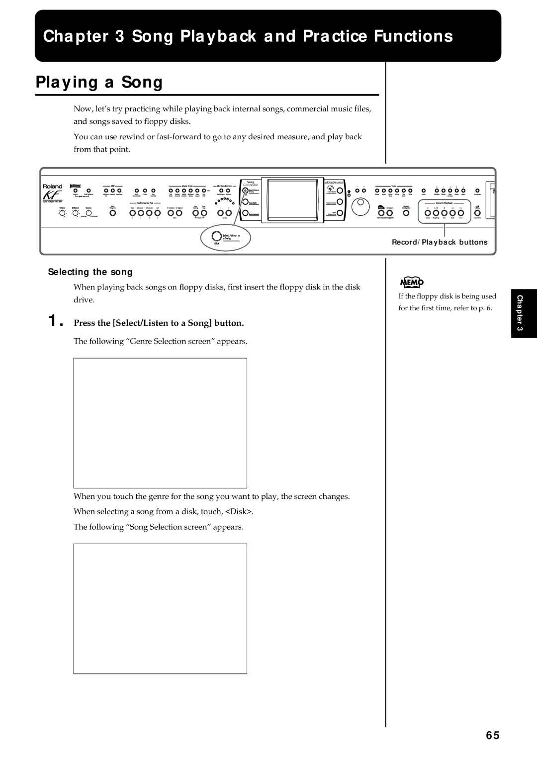 Roland KF-7 owner manual Playing a Song, Selecting the song, Press the Select/Listen to a Song button 