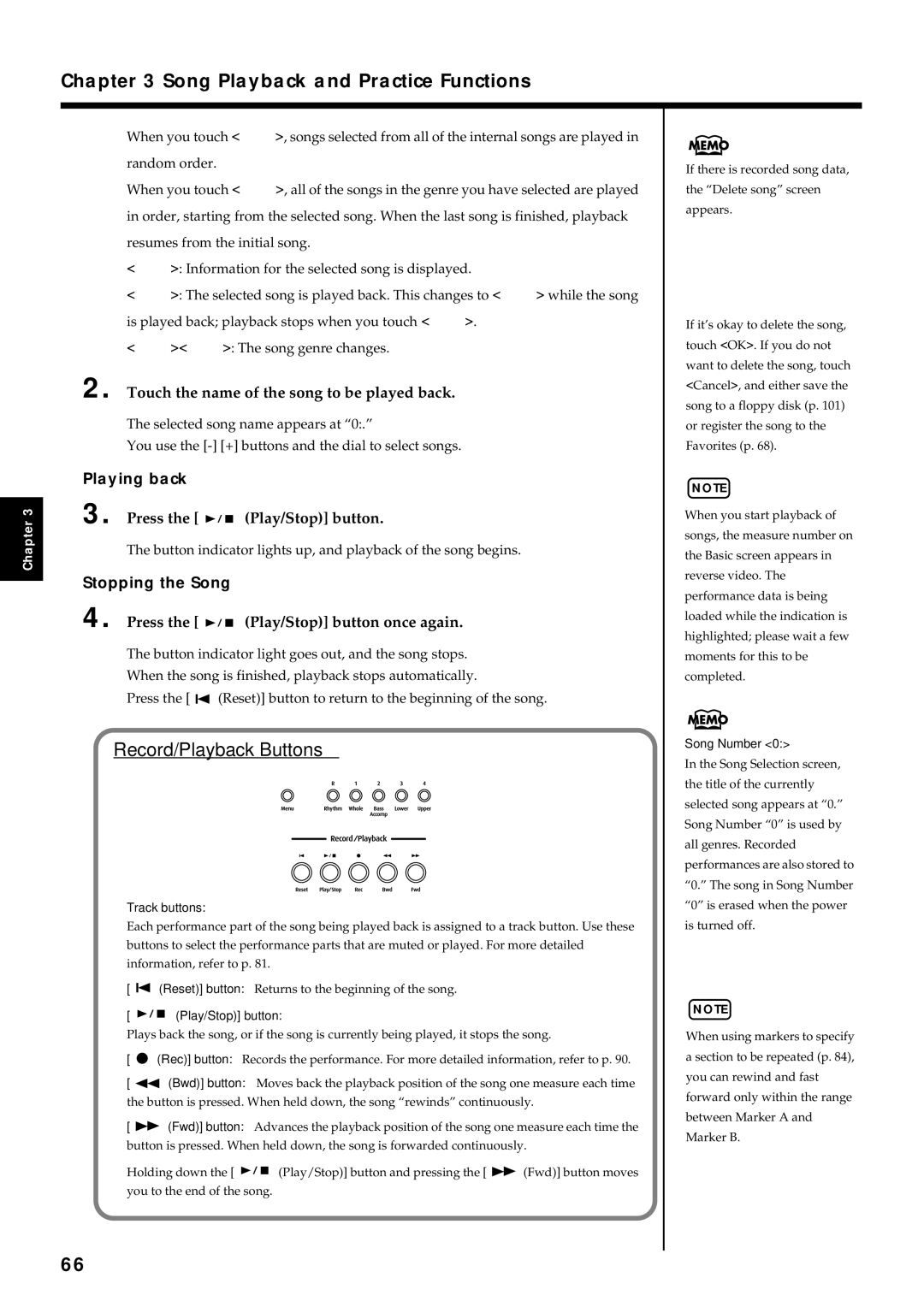 Roland KF-7 owner manual Song Playback and Practice Functions, Playing back, Stopping the Song 