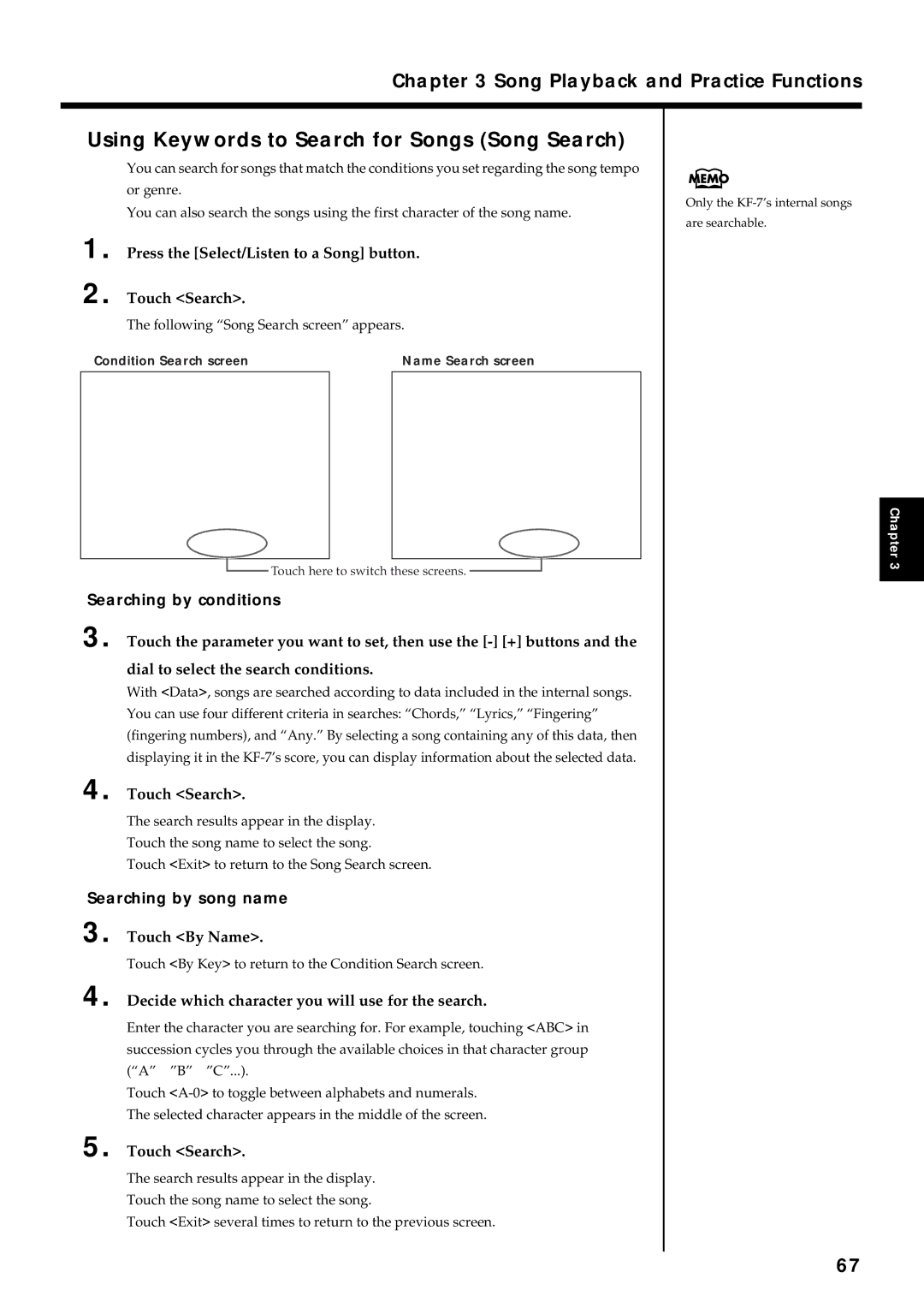 Roland KF-7 owner manual Press the Select/Listen to a Song button Touch Search, Searching by song name 