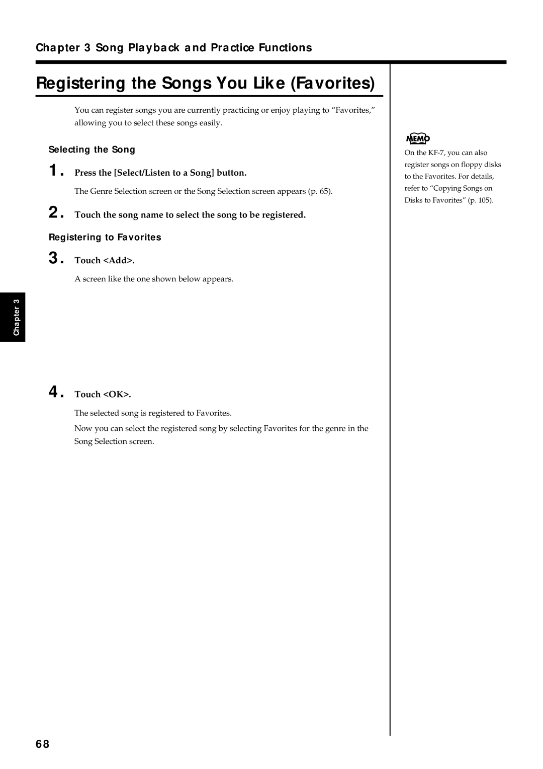 Roland KF-7 Registering the Songs You Like Favorites, Touch the song name to select the song to be registered, Touch Add 